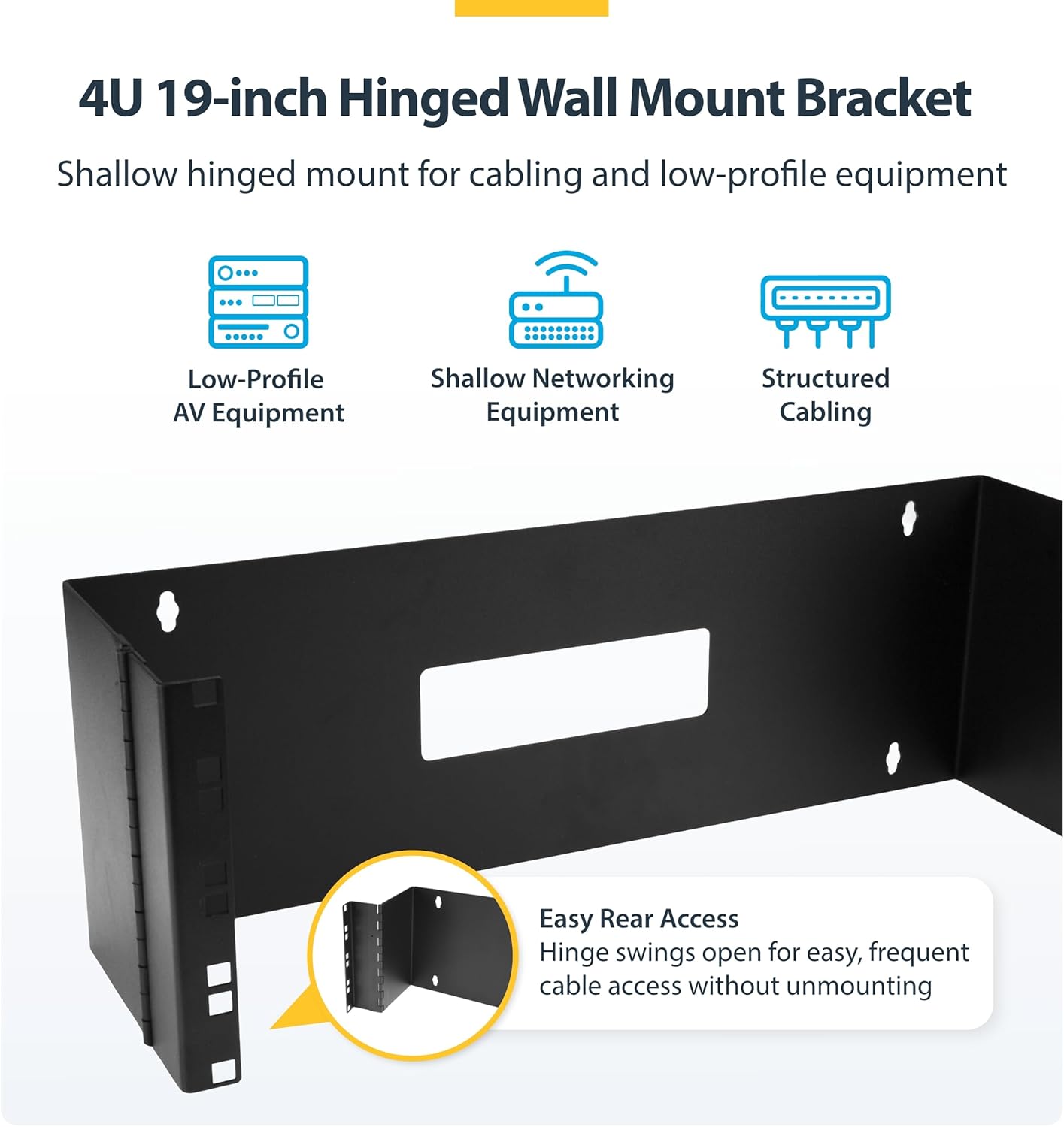 StarTech.com 4U Hinged Wall Mount Patch Panel Bracket - 6 inch Deep - 19" Patch Panel Swing Rack for Shallow Network Equipment- 33lbs (WALLMOUNTH4)
