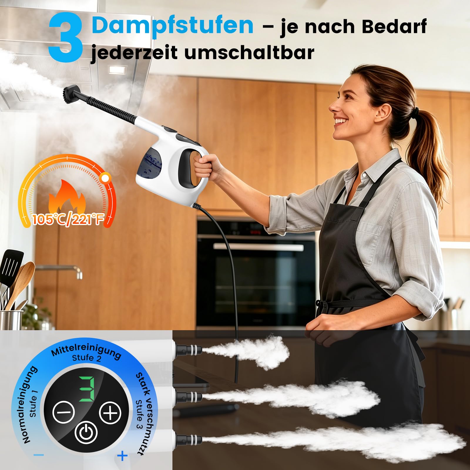 Granarbol 1200W Profi Dampfreiniger Handgerät, 400ML Leichtgewicht-15s Heizung Handdampfreiniger für alles mit 10 Zubehörteile, Steam Cleaner Entfetten für Bad, Küche, Boden, Fenster, Polster