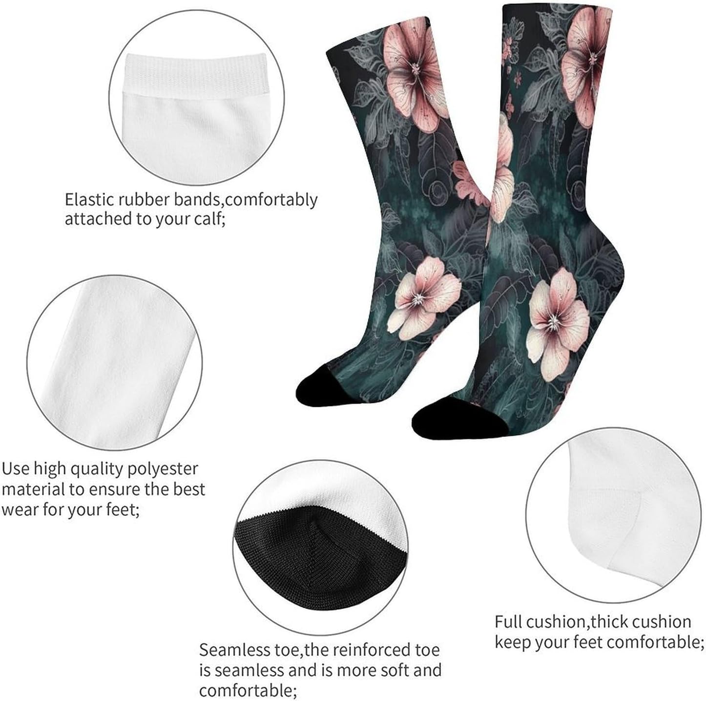 Green Leaves And Flowers Crew Sock High Stocking Grippy Socks | Socks for Men & Women,Stockings-Long Thin Tube Sports, Breathable Soft Athletic for Nurses,Travel