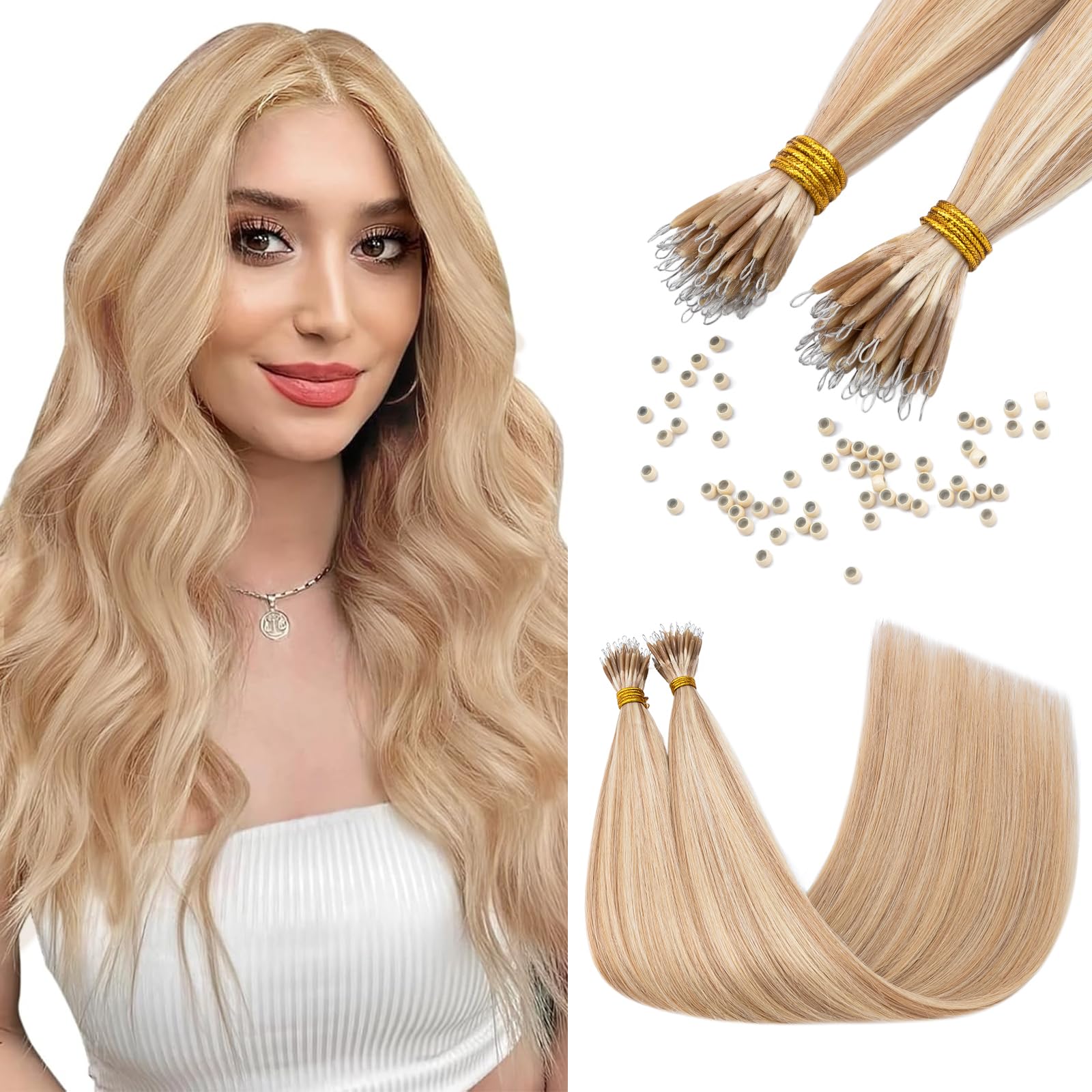 Elailite Nano Beads Hair Extension Real Human Hair With Nano Ring 50 Strands Cold Fusion Straight (#18/613 Ash Blonde Mix Bleach Blonde