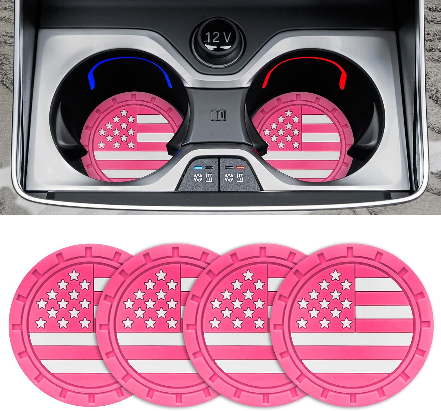 Car Cup Holder Coasters,4 Pack American Flag Silicone Cup Holder Insert,2.75 Inch Anti Slip Waterproof Cup Holder Liner, Shockproof Drink Mat Auto Interior Accessory for Cars SUVs Trucks（Rose Pink）