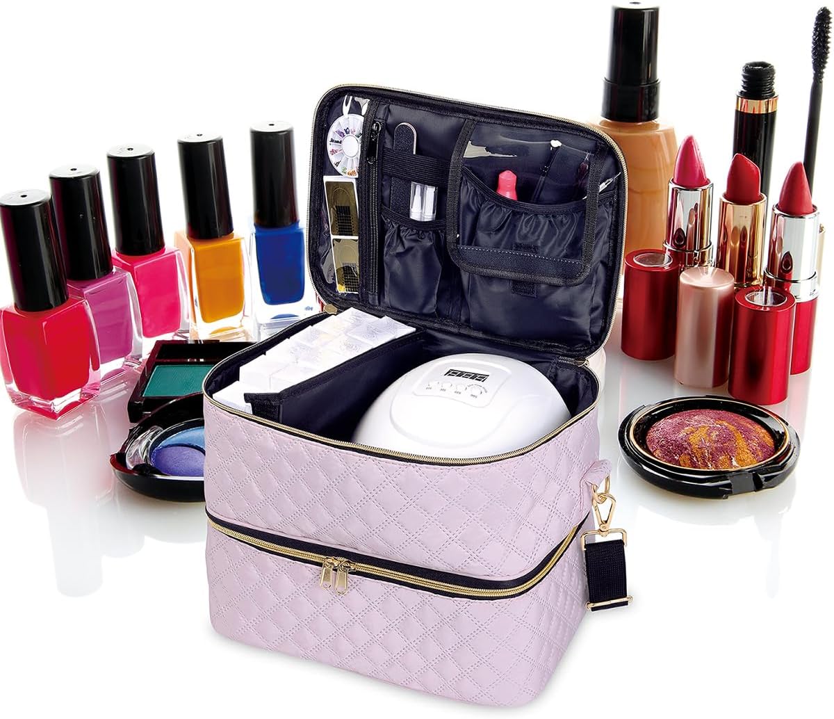Nail Polish Organizer Case Holds 40 Bottles(15ml/0.5fl.oz) and Nail Lamp, Double Layer Nail Polish Storage with Adjustable Dividers,Portable Carrying Bag for Nail Kit, Manicure Tools Pink