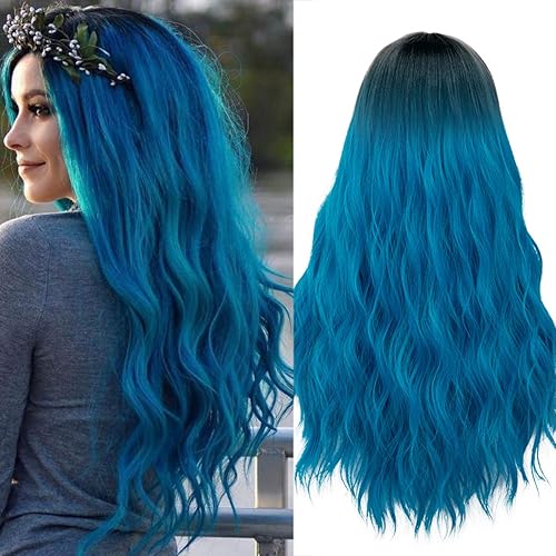 Mildiso - Peluca de cabello largo natural ondulado para mujer color azul de color degradado perfecto para fiestas cosplay o uso diario Mildiso - Peluca de cabello largo natural ondulado para mujer color azul de color degradado perfecto para fiestas cosplay o uso diario