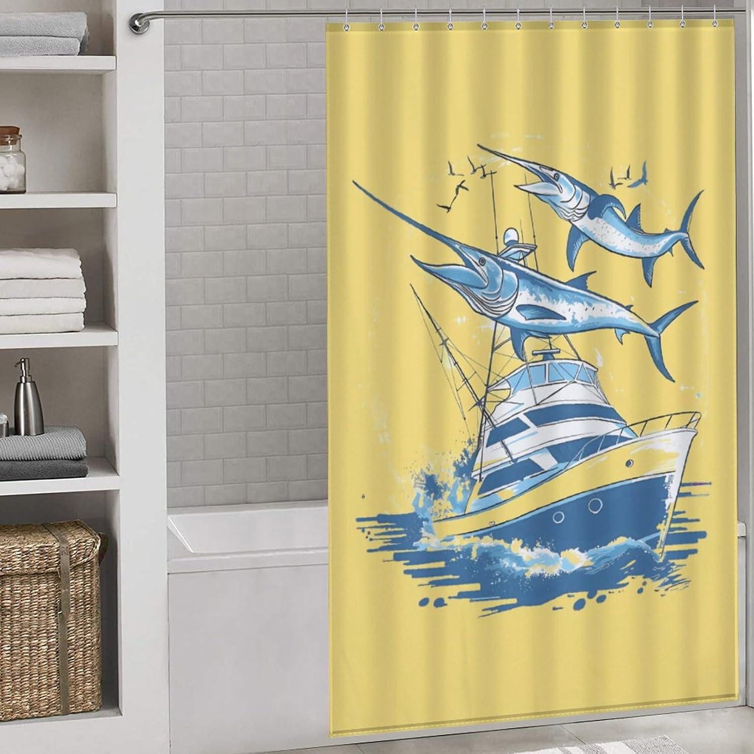 Marlin and Sails Funny Shower Curtains Washable Bath Curtain Liner with Hooks for Bathroom Bath Tubs 55x72Inch（140x183cm）