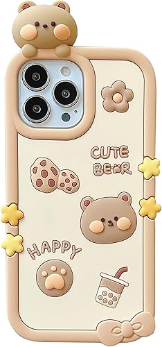 Funda 3D con diseño de oso lindo para iPhone 15 Pro Max, funda de silicona suave de personaje de dibujos animados Kawaii Bubble Boba Milk Tea Bear