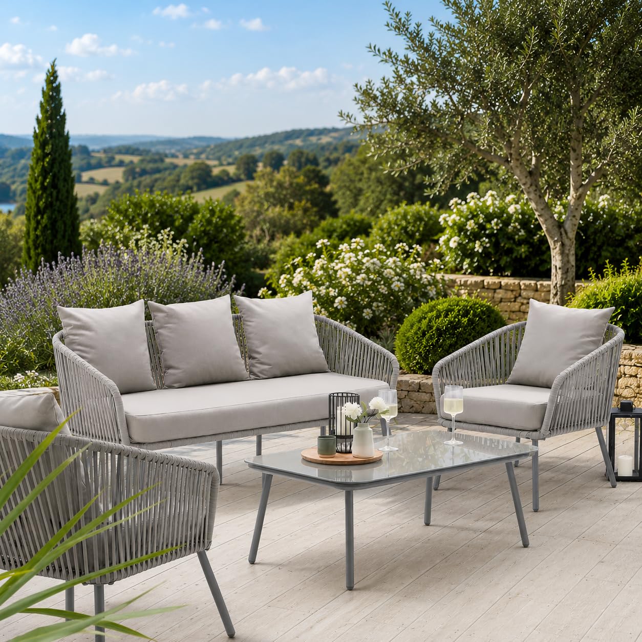 Sunrise,Outdoor Rope Weave Lounge Set, Grey, Glass top Coffee Table, 4-Piece Patio Sofa Set-image-20