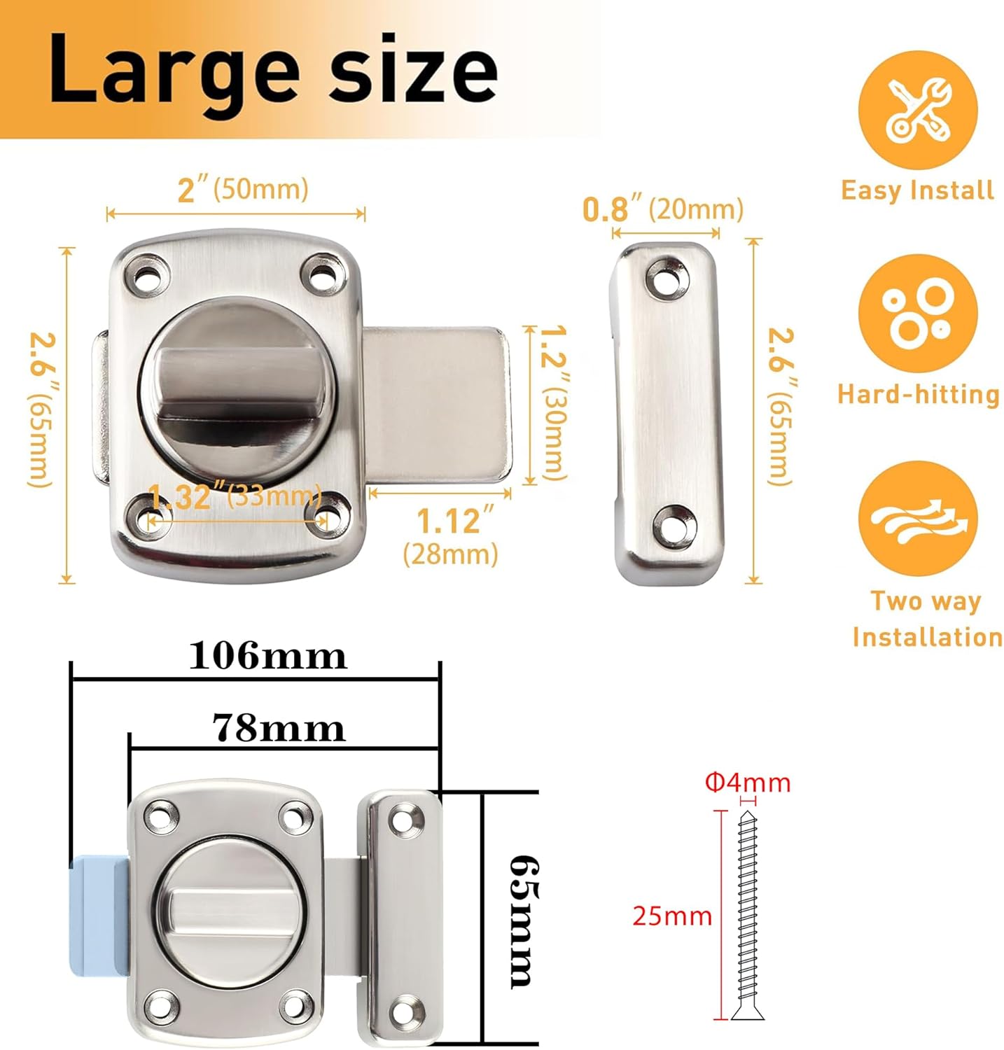 Alise Gate Latch Slide Bolt Latches Lock,Large Size Safety Double Sided Rotate Gate Hardware,SUS304 Stainless Steel Gate Latch for Storage Box, Cabinet,Shed Door,Brushed Finish,78mmx65mm MS250U-LS