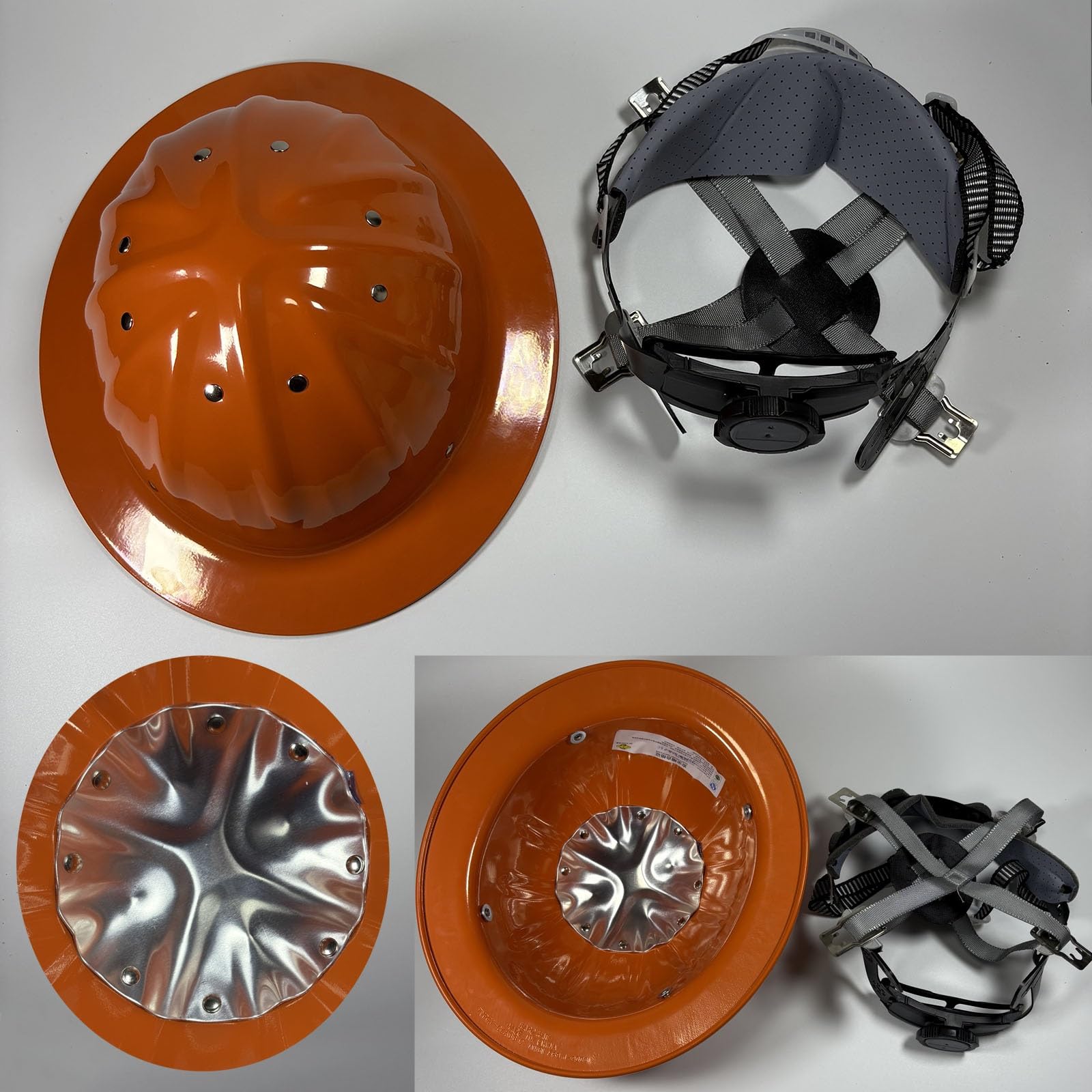 Casco arancione a tesa intera in alluminio, fodera rimovibile che assorbe il sudore, berretto da lavoro per lavori di costruzione all'aperto, fascia per cappello con pomello adatto per cantieri