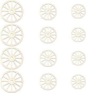 12Pcs Mini Wooden Wagon Wheel for Crafts, 3 Sizes Unfinished Wood Wheels, Blank Wagon Wheel Decor, Natural Wooden Cutout for DIY Project Painting Drawing Home Party Decoration
