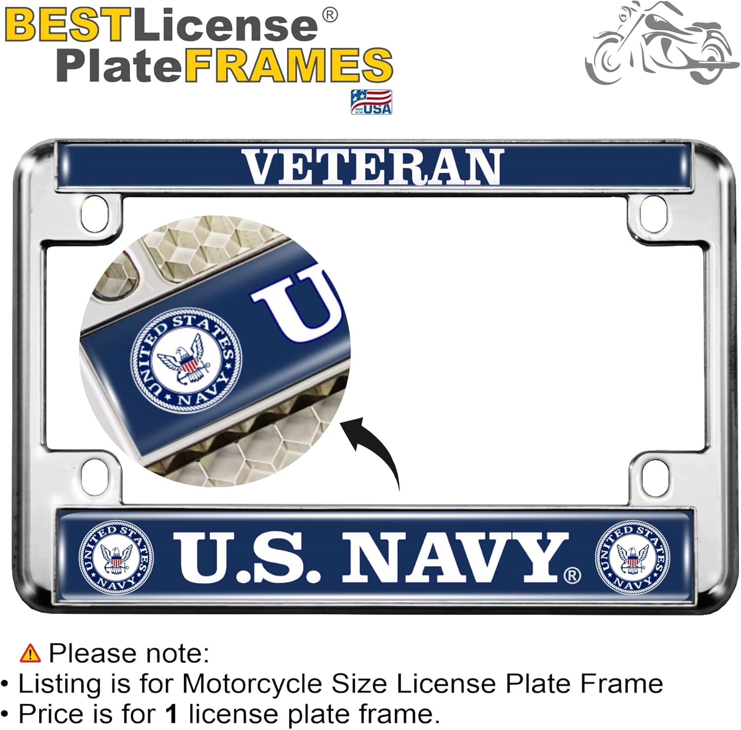 [Officially Licensed Product] - Motorcycle Domed Custom-Made Personalized Metal License Plate Frame Frame with Veteran US Navy Design - Chrome