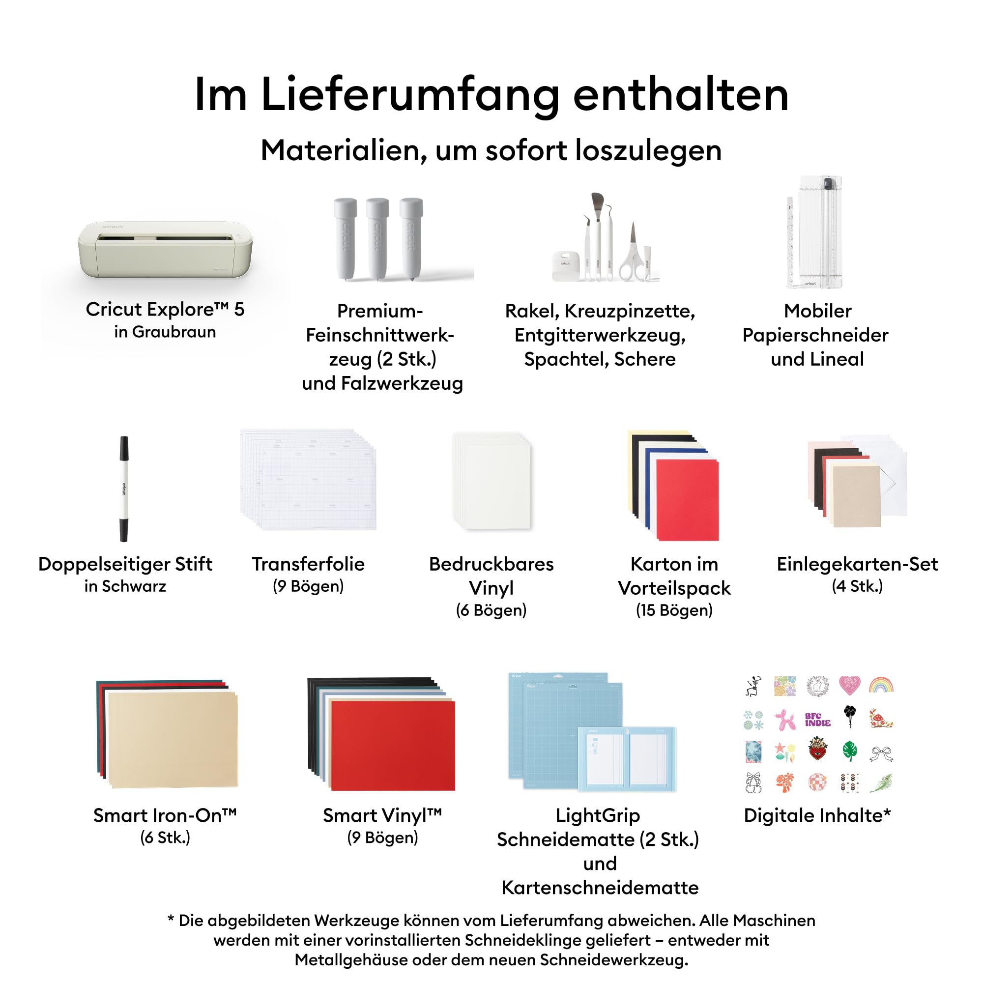 Cricut Explore® 5 Deluxe Bundle + Digitale Inhalte. Intelligente Schneidemaschine – perfekt für Projekte wie individuelle Vinyl-Aufkleber, T-Shirts, vollfarbige Sticker, Karten und mehr.