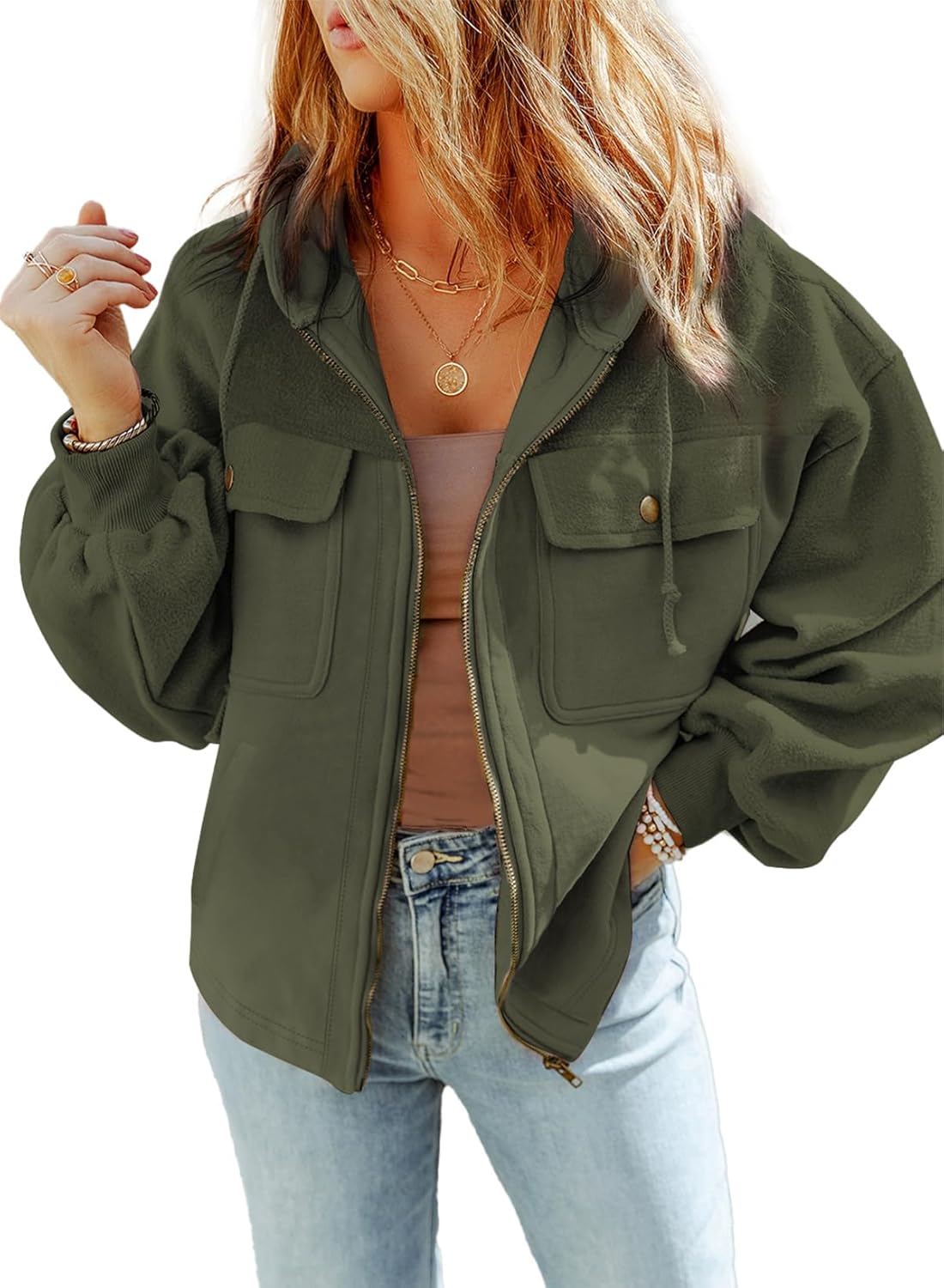 SHEWIN Jackets for Women Casual Long Sleeve Drawstring Fuzzy Sherpa Hooded Zip Up Jacket Coats With Pockets