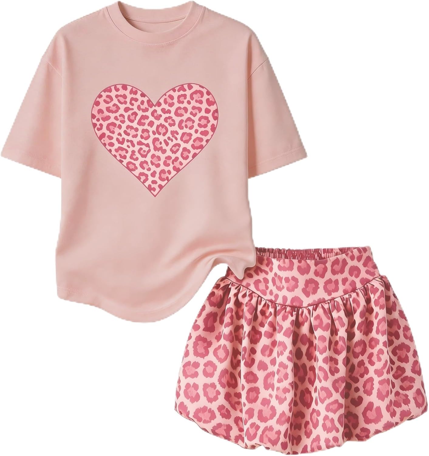 Girls Clothes 2 Piece Summer Shirred Skirt Sets Leopard print Bubble skirt Heart Print Tshirt Set Size 6-14 Years