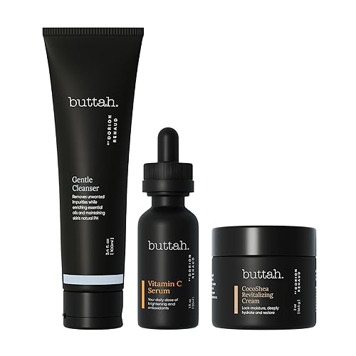 Kit transformador de piel Buttah para piel rica en melanina Crema revitalizante de cacao de 2 onzas Suero de vitamina C de 1 oz Limpiador Buttah
