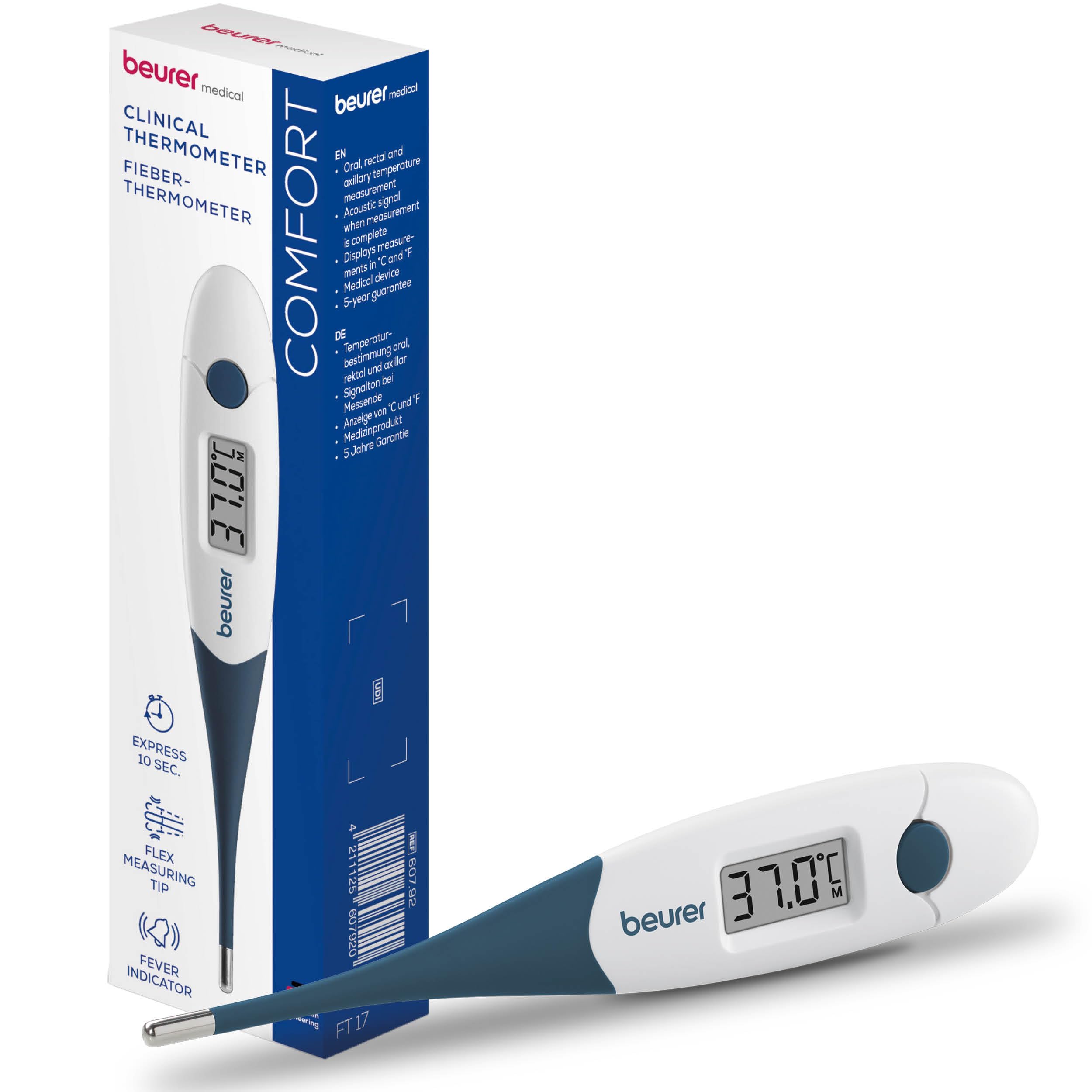 Beurer FT 17 digitales Fieberthermometer, Thermometer mit flexibler Messspitze für orale, rektale & axillare Messung, Messergebnis in 10 s, Fieberindikator, für Babys, Kinder und Erwachsene, Blau-weiß