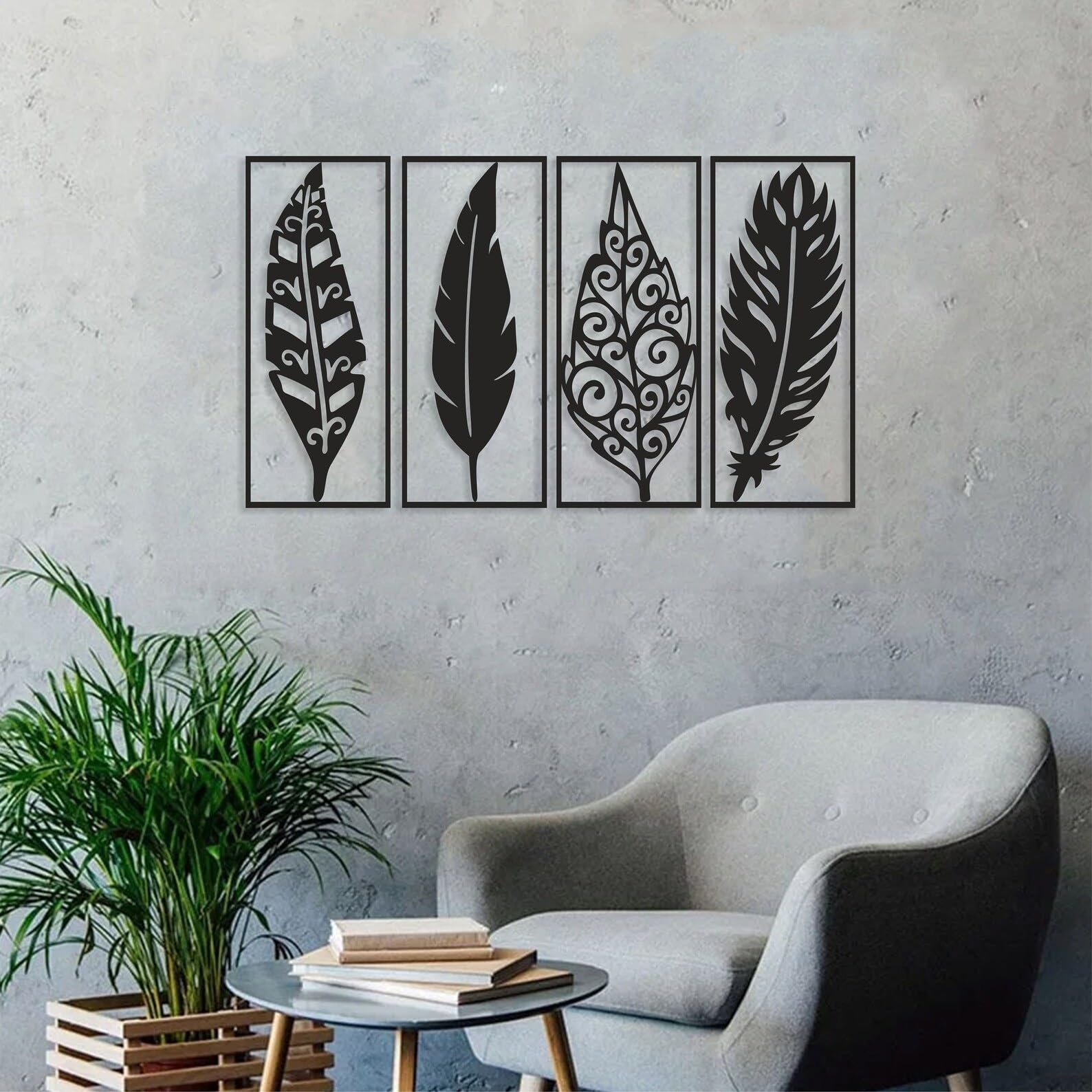 SHIVASHRAY CRAFTS Feathers Wall Decor, Feather Wall Art, Wood Wall Art, Living Room Wall Decor, Set Of 4 Pieces, 12 Inches. 3