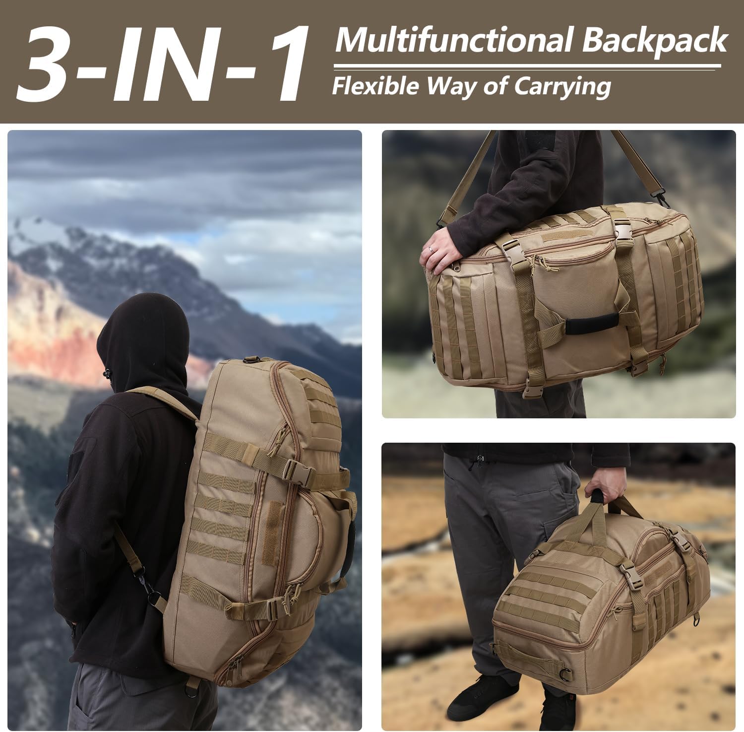 65L Large Duffle Bag, 3-in-1 Tactical Backpack MOLLE Pack for Sports, Gym, Outdoor, Coyote - Image 6