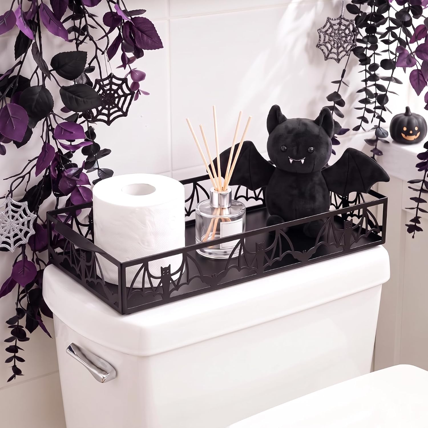 Mifoci Halloween Bat Toilet Paper Basket, 12.6'' Metal Toilet Tank Tray