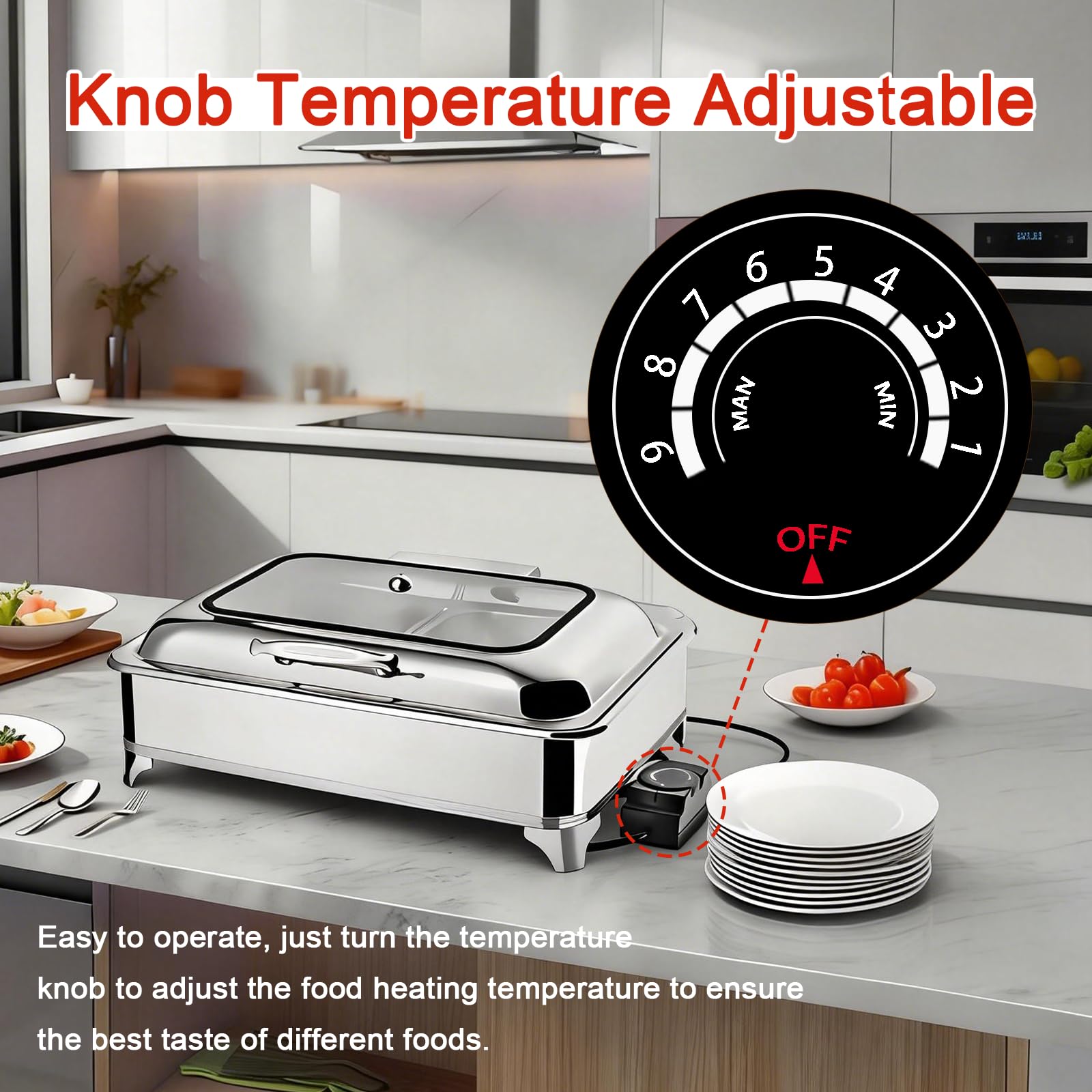 Chafing Dish Elettrico, 9L Professionale Scaldavivande Buffet Elettrico in Acciaio Inox, Contenitore Scalda Cibo per Buffet con Coperchio Trasparente, Temperatura Regolabile(1/3 Pan)