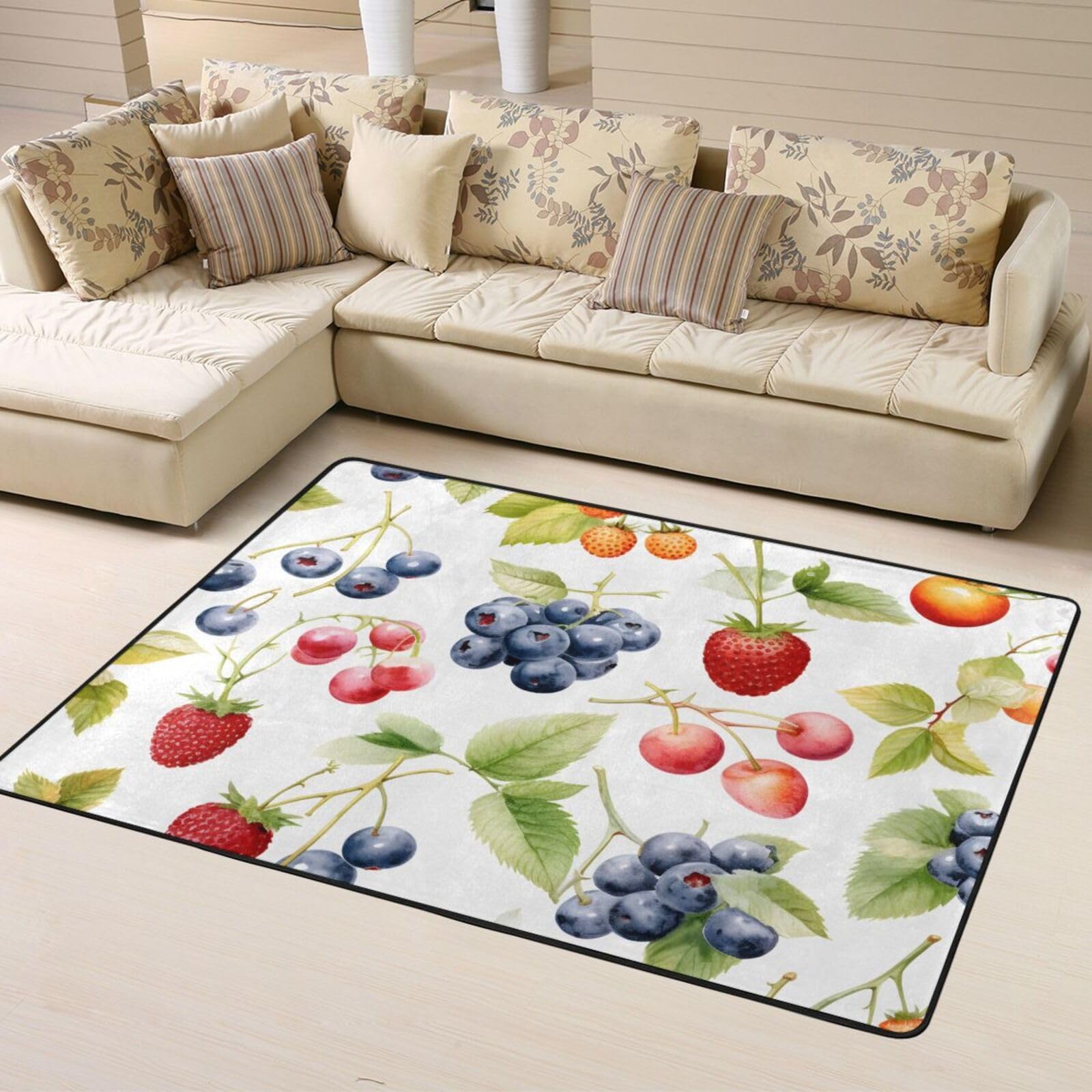 Tapis rectangulaire à poils courts motif fruits frais pour salon 120 x 160 cm