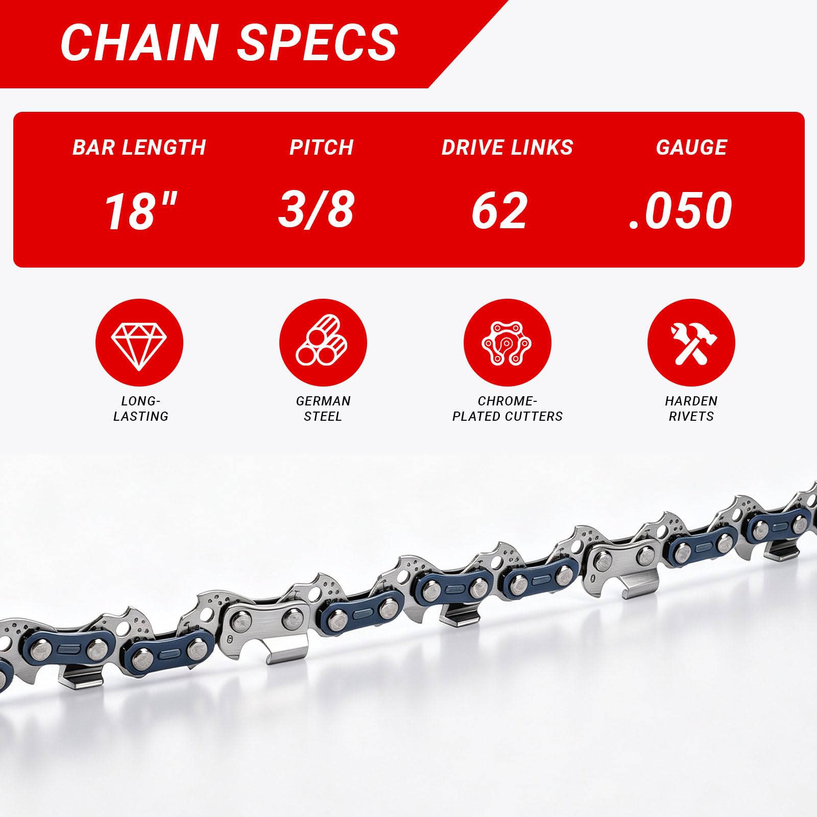 Confezione da 5 catene per motosega da 45 cm, 62 maglie di trasmissione, calibro 1,3 mm, passo 1 cm, catene di ricambio compatibili con Ryobi, Kobalt, Echo, Poulan e altri