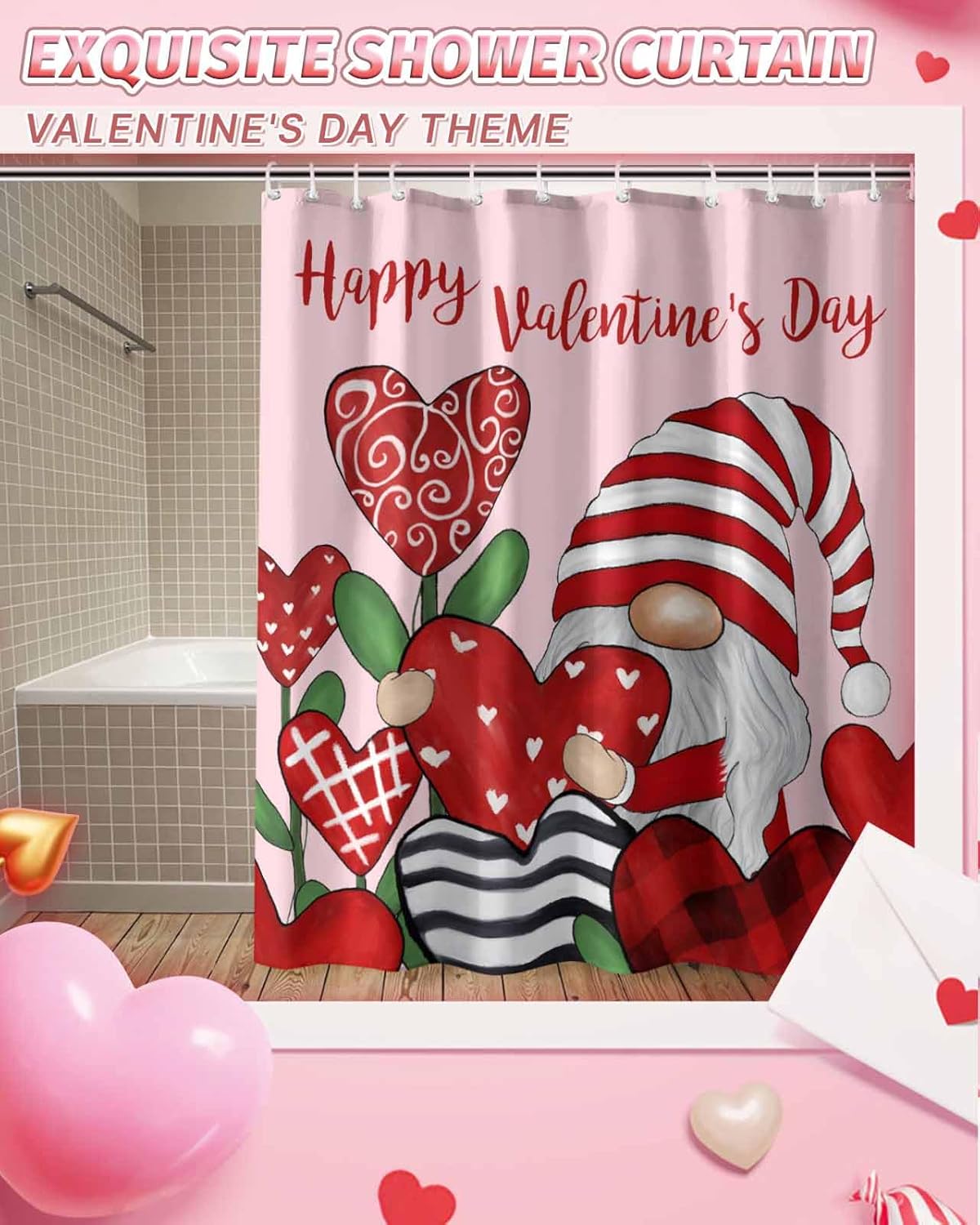 Happy Valentines Day Shower Curtains for Bathroom Gnomes Fabric Shower Curtain with Hooks, Hearts Flowers Shower Curtain Set, Romantic Bathroom Curtains Decoration, Waterproof Polyester, 72"x78" Long