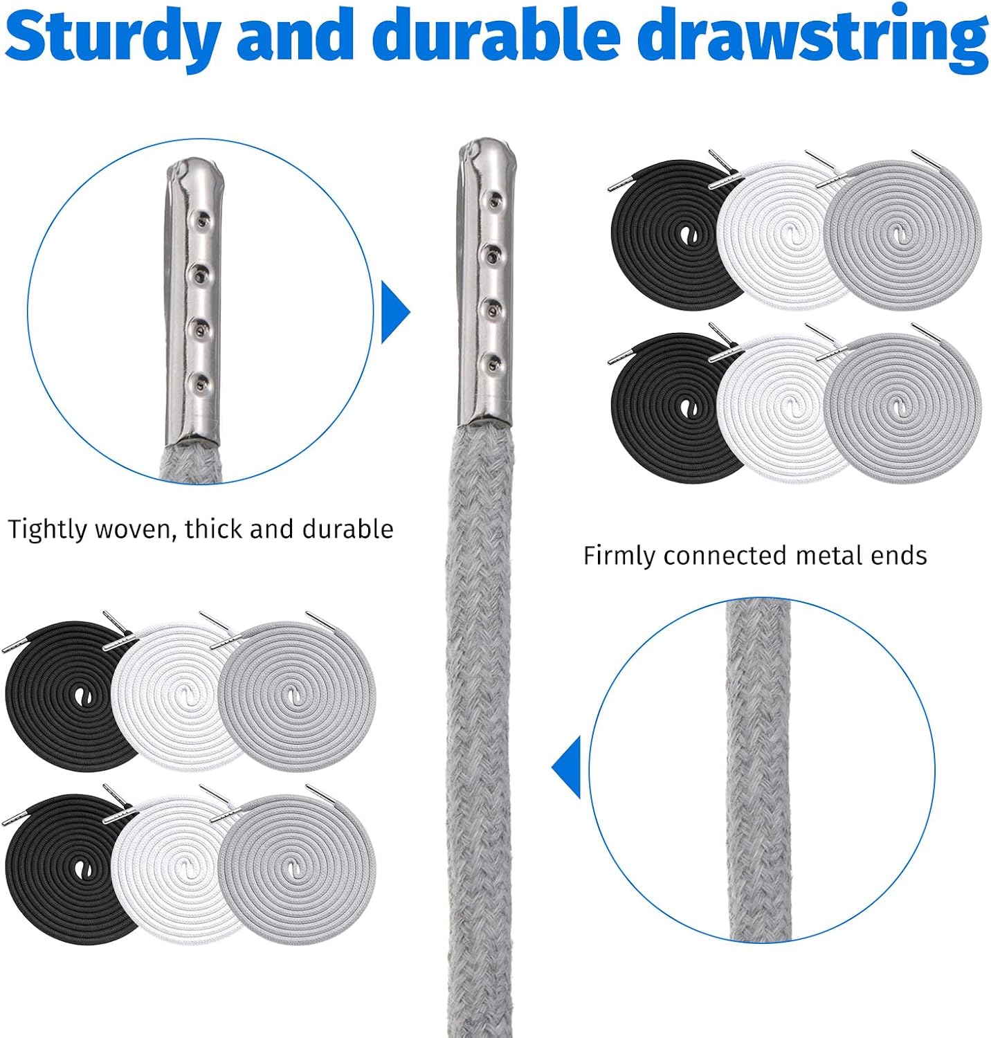 13pcs Replacement Drawstring with Easy Threader Tool, 72 Inches 3XL Drawstring Cord Kit, Reliable Drawstrings for Sweatpants Round Hoodie Strings Draw String Replacement for Pants(Gray, Black, White)