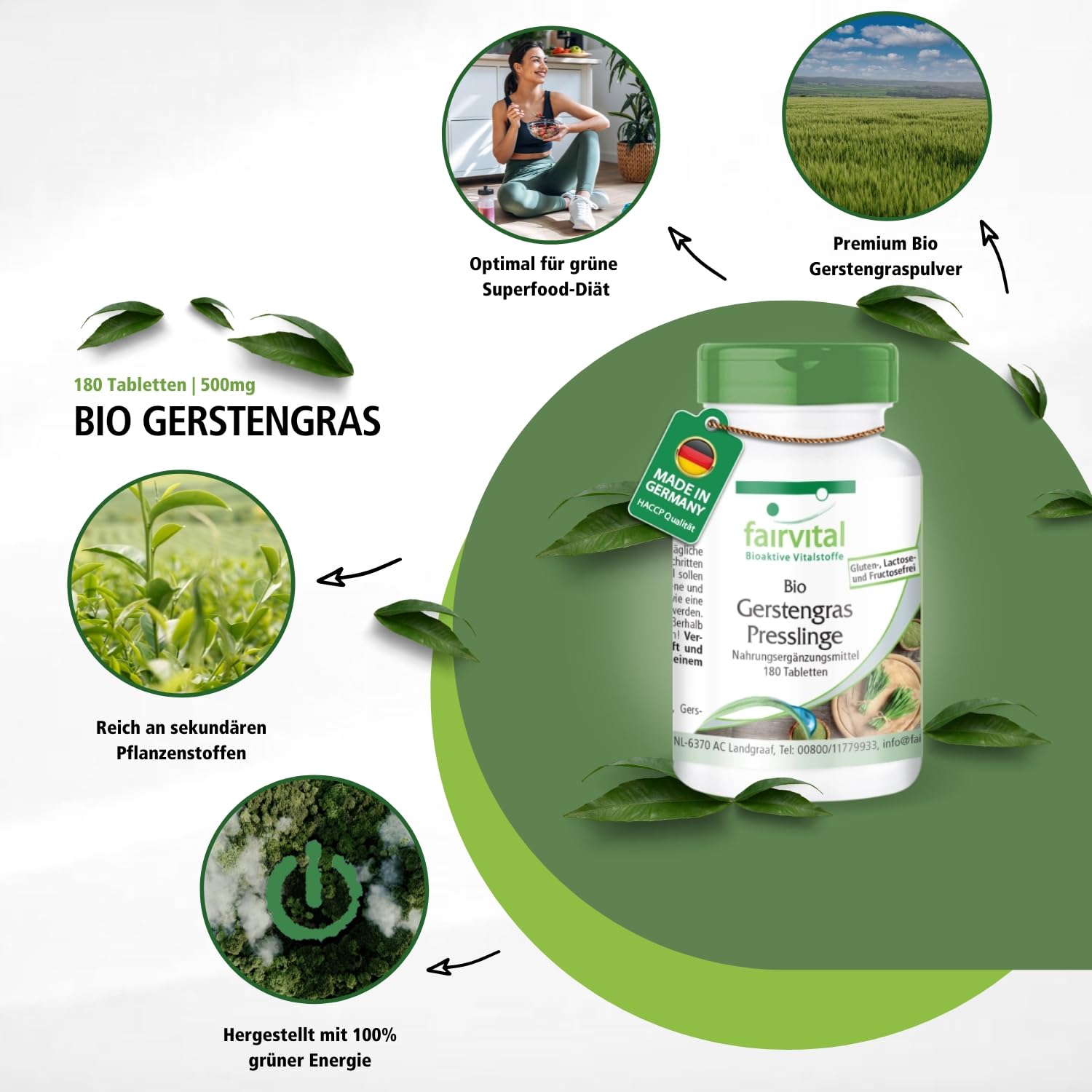 fairvital Bio Gerstengras Presslinge, 180 Tabletten, Hoch bioverfügbar, qualitätsgeprüft und hochdosiert, 100% vegan, Made in Germany