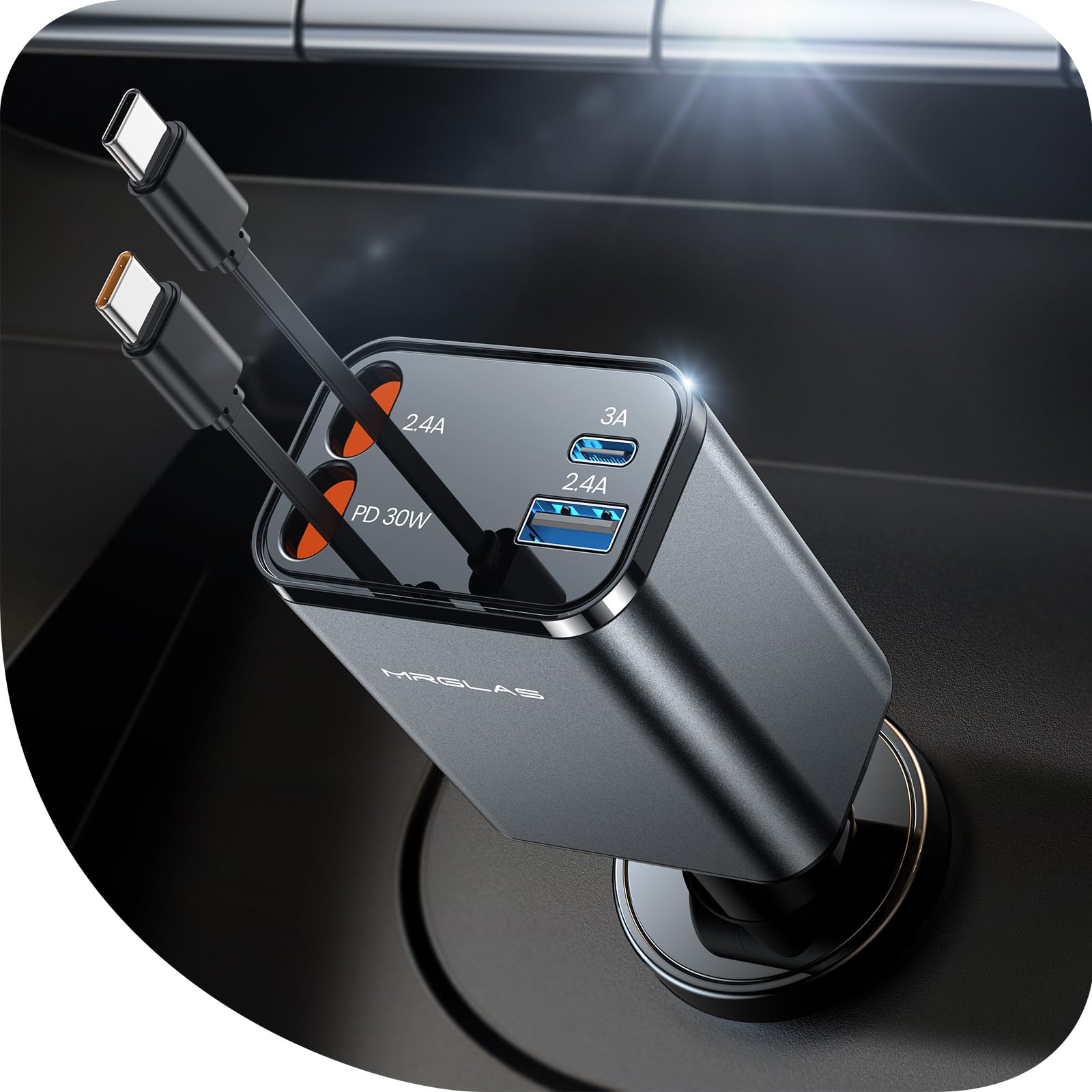 MRGLAS Retractable Car Charger for iPhone 17, 69W 4 in 1 USB C Car Charger Fast Charging with Type C Cable Cigarette Lighter Adapter for iPhone 17 16