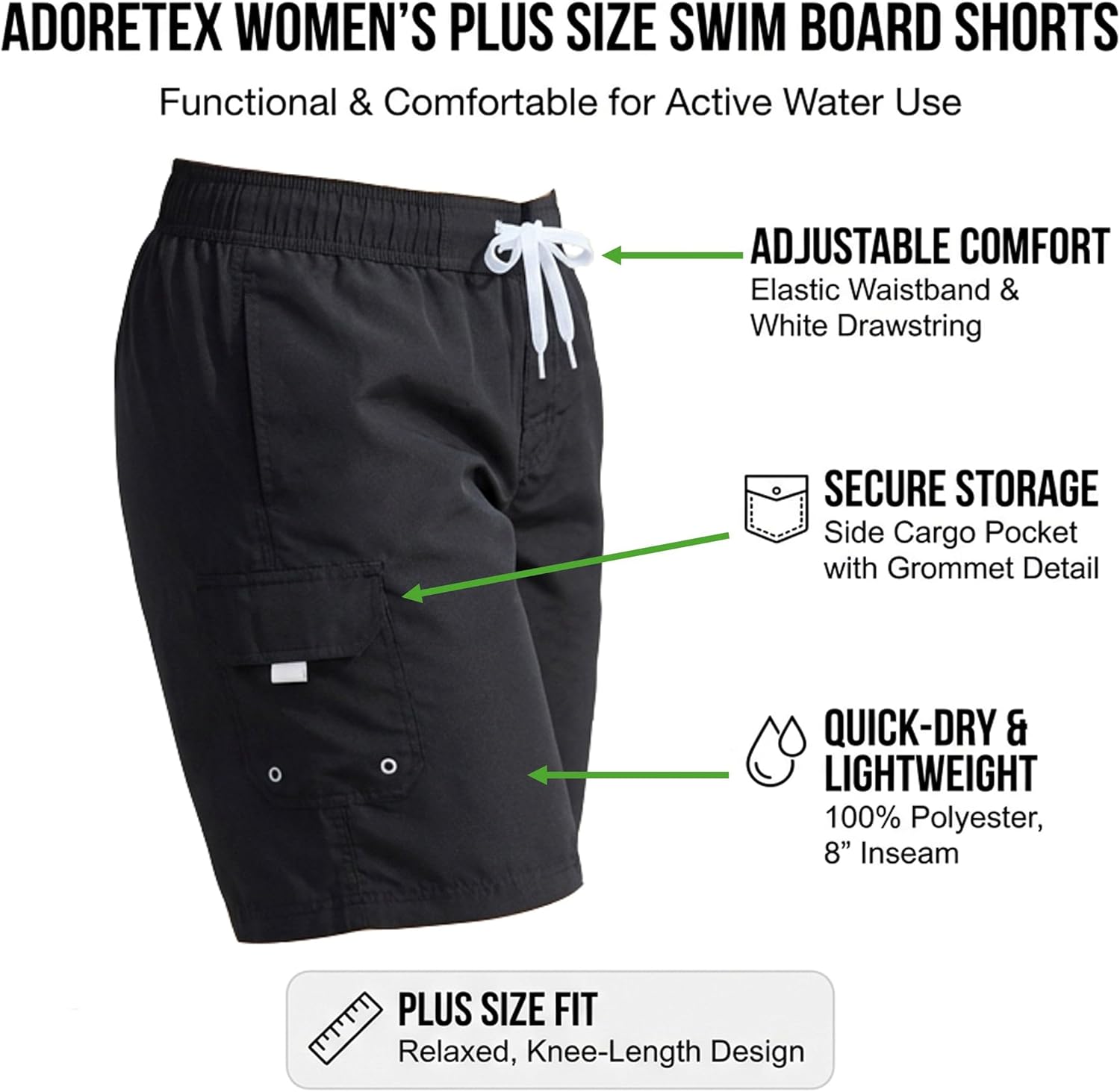Adoretex Women’s Plus Size Quick Dry Swim Board Shorts, 8” Inseam Polyester Light Weight Swim Shorts