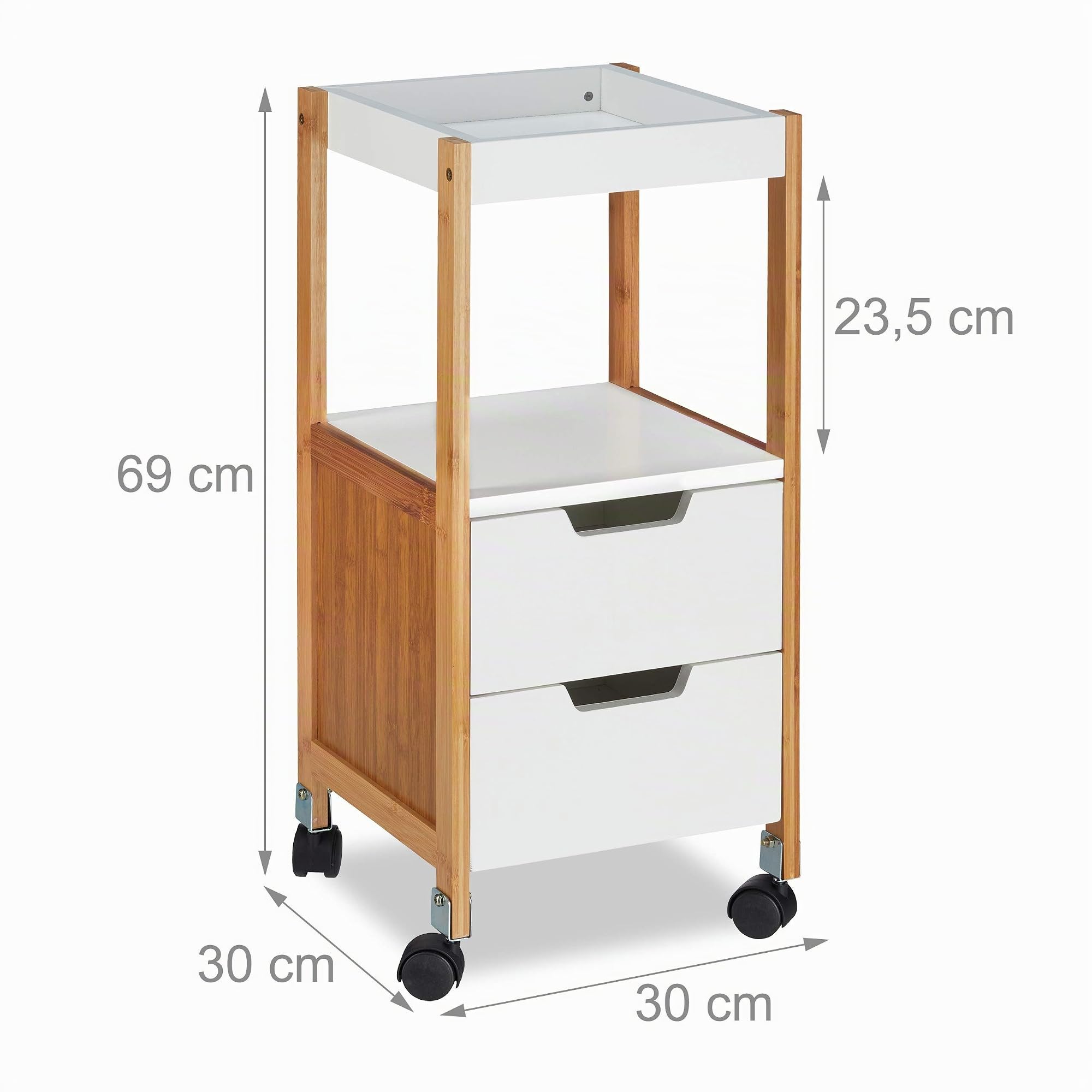 Relaxdays Carrito Cocina con Cajones, DM y Bambú, Blanco, 69 x 30 x 30 cm