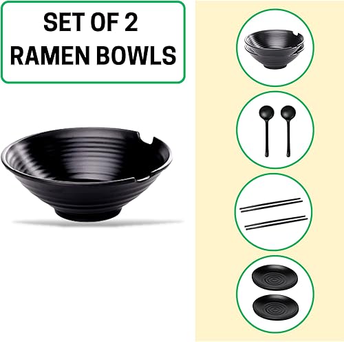 Miniatura 6 de Faz Goods Juego de 2 cuencos para ramen con palillos, cucharas grandes de melamina de 32 onzas, juego completo de vajilla con palillos, cuencos y