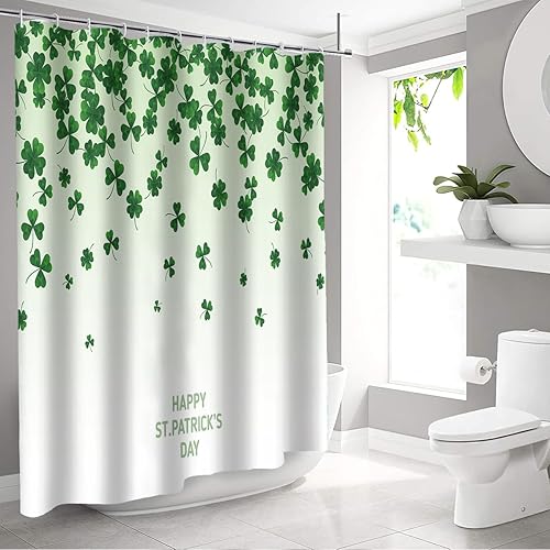 Miniatura 8 de Cortina de ducha del día de San Patricio, cortina de ducha con tréboles y tréboles, cortina de baño verde con ganchos, 71 x 71 pulgadas, cortina de