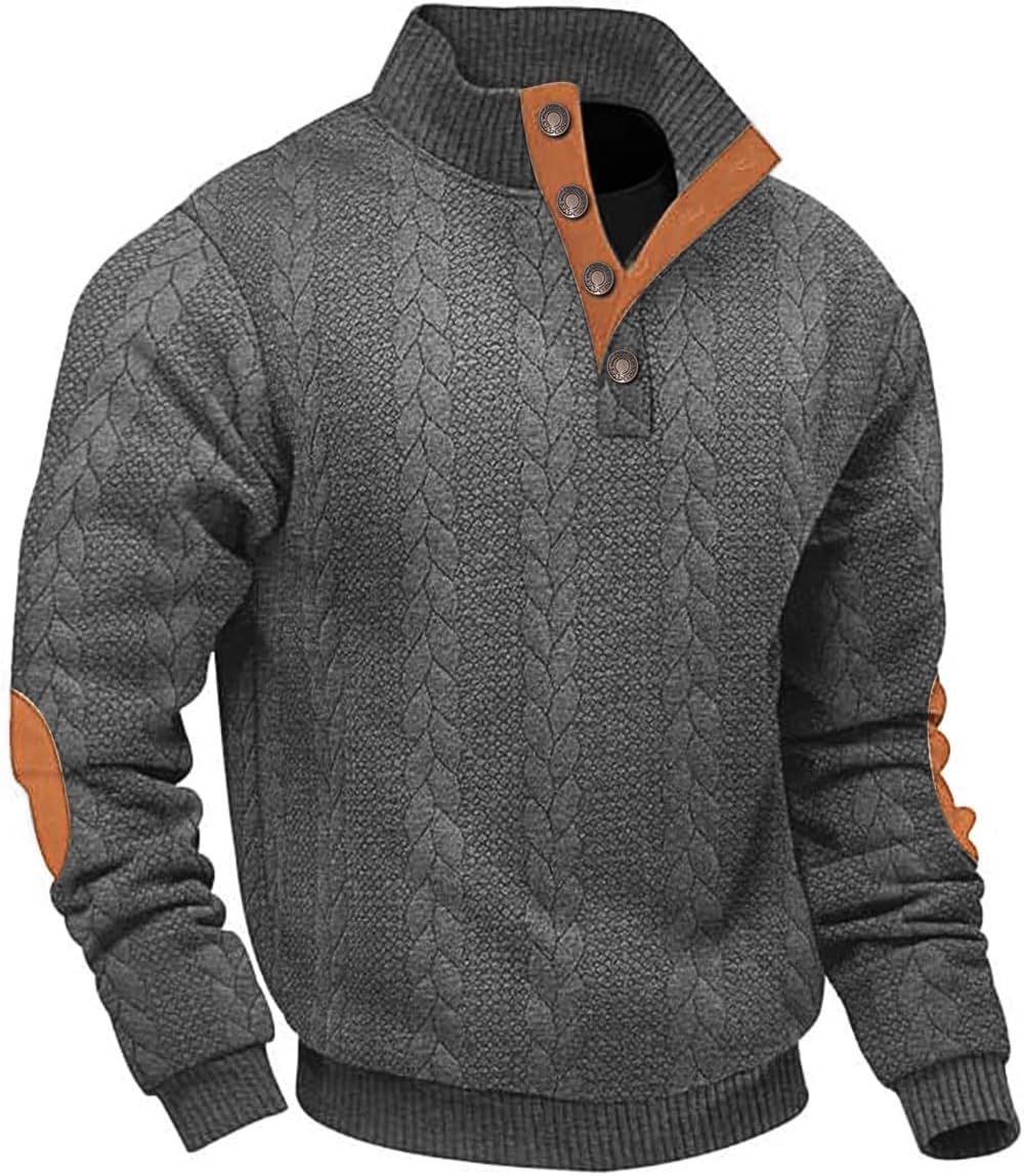Mens Sweater Knitted Quarter Button Long Sleeve Casual Sweatshirts Quilted Stand Collar Pullover Cable Sweaters