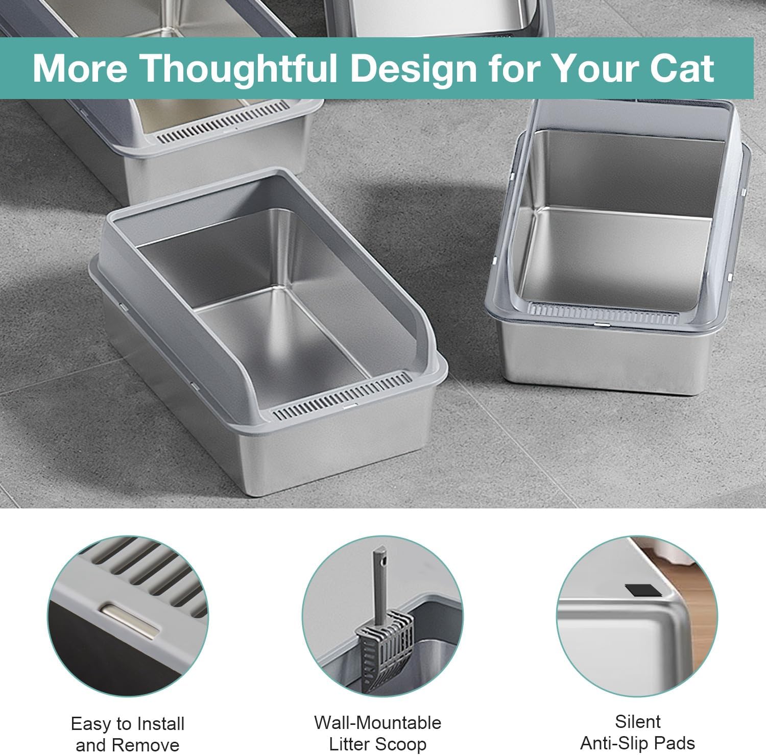 Oneisall XL Stainless Steel Cat Litter Box for Multiple Cats, MS-60 Metal Cat Litter Box with Scoop & Mat, Light Gray