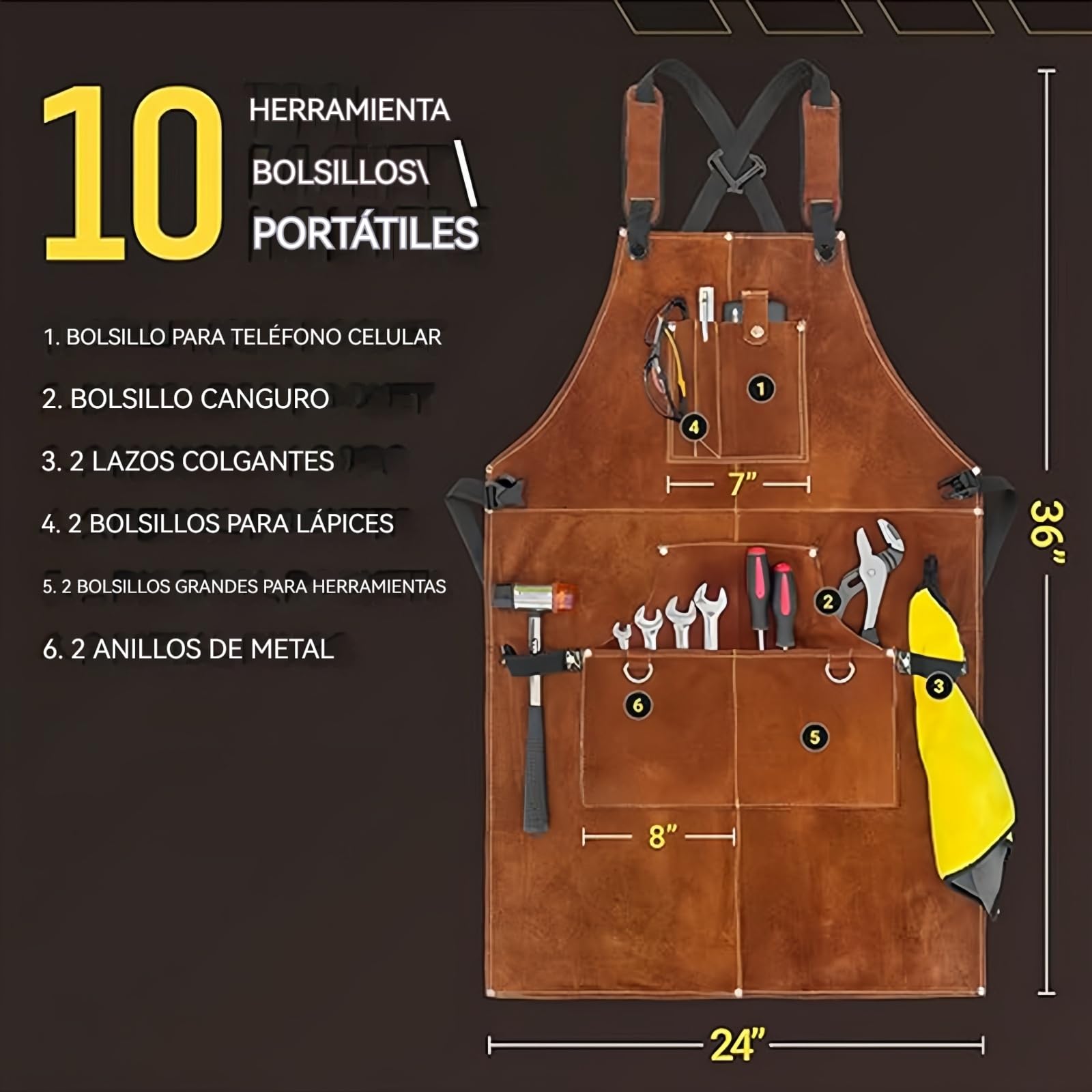 Genérico Delantal de cuero para soldar, resistente al calor y al fuego, con 6 bolsillos, para soldadores, herreros, artesanos，Delantales portaherramientas