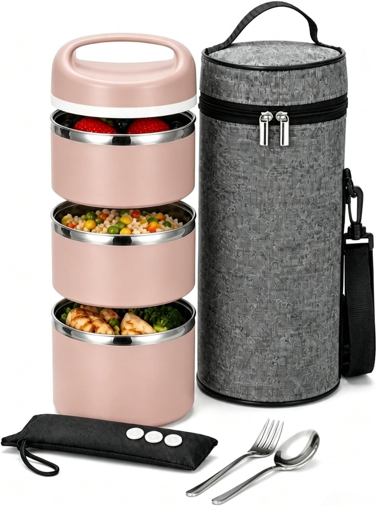 Stackable Stainless Steel Thermal Lunch Box, 43OZ/1.38L | 3 Tier Insulated Bento Lunch Box with Lunch Bag and 3 Extra Seals, Leakproof Food Container for Work, Travel, Meal Prep