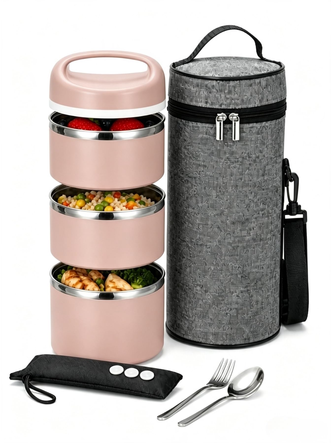 Stackable Stainless Steel Thermal Lunch Box, 43OZ/1.38L | 3 Tier Insulated Bento Lunch Box with Lunch Bag and 3 Extra Seals, Leakproof Food Container for Work, Travel, Meal Prep