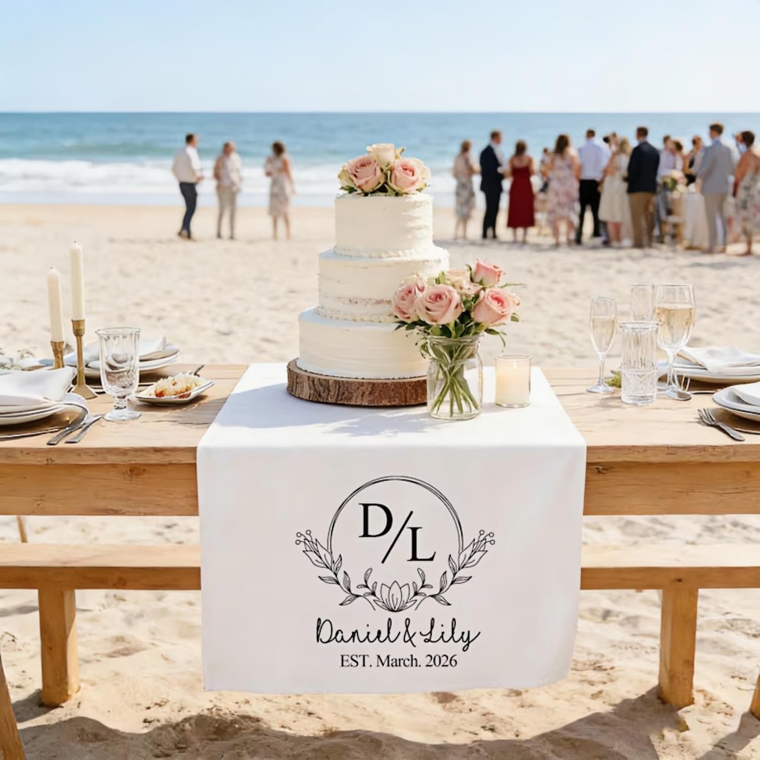 Art Lunic One Color Custom Wedding Table Runner With Initials, Personalized Cotton Linen Wedding Head Table Banner, Minimalis Printed Bridal Dinner Decor
