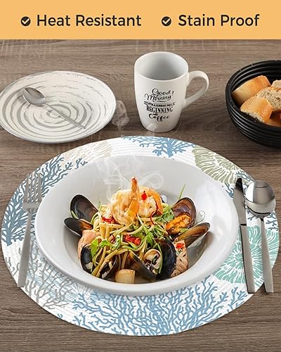 Miniatura 4 de Manteles individuales redondos náuticos costeros coral de 15 pulgadas para mesas de comedor, manteles individuales con temática de playa azul y