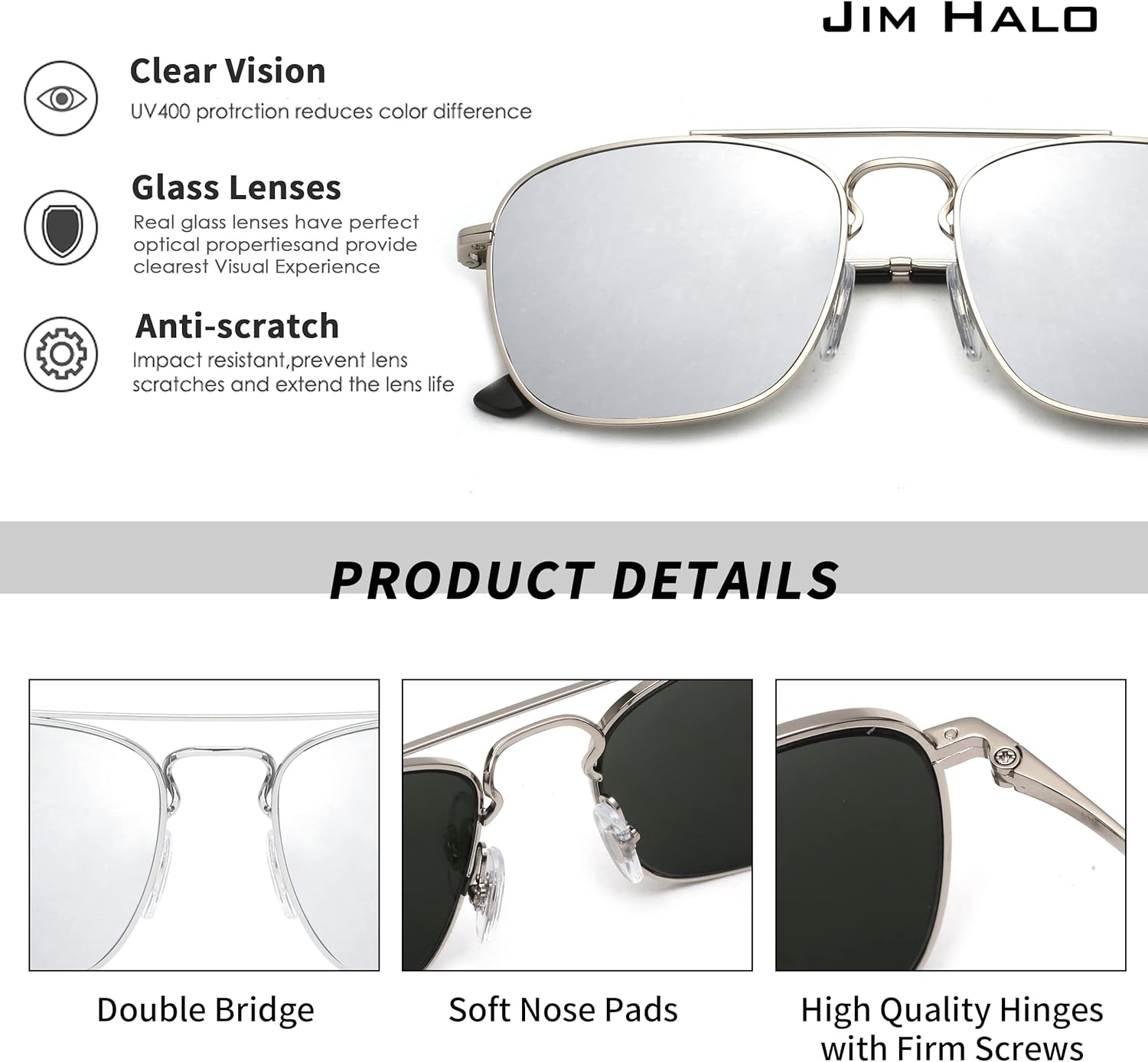 JIM HALO Retro Square Aviator Sunglasses Premium Glass Lens Flat Metal Eyewear Men Women - Image 3