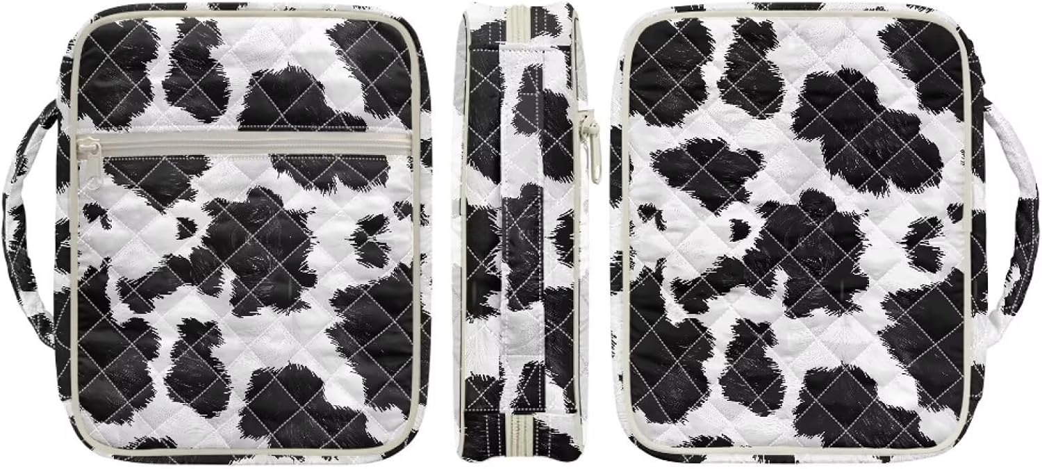 Black and White Cow Print Quilted Bible Carrying Case for Women Bible Cover with Handle Scripture Study Supplies Accessories Christian Gifts