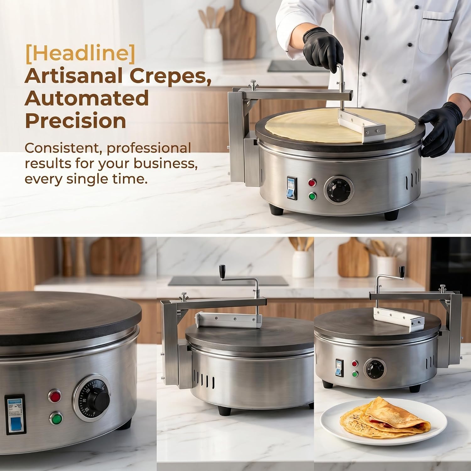 Piastra elettrica professionale per crêpes e pancake da 220 V, con piastra antiaderente in acciaio inox da 40 cm, temperatura regolabile e 7 accessori, ideale per snack bar, casa e ristoranti.