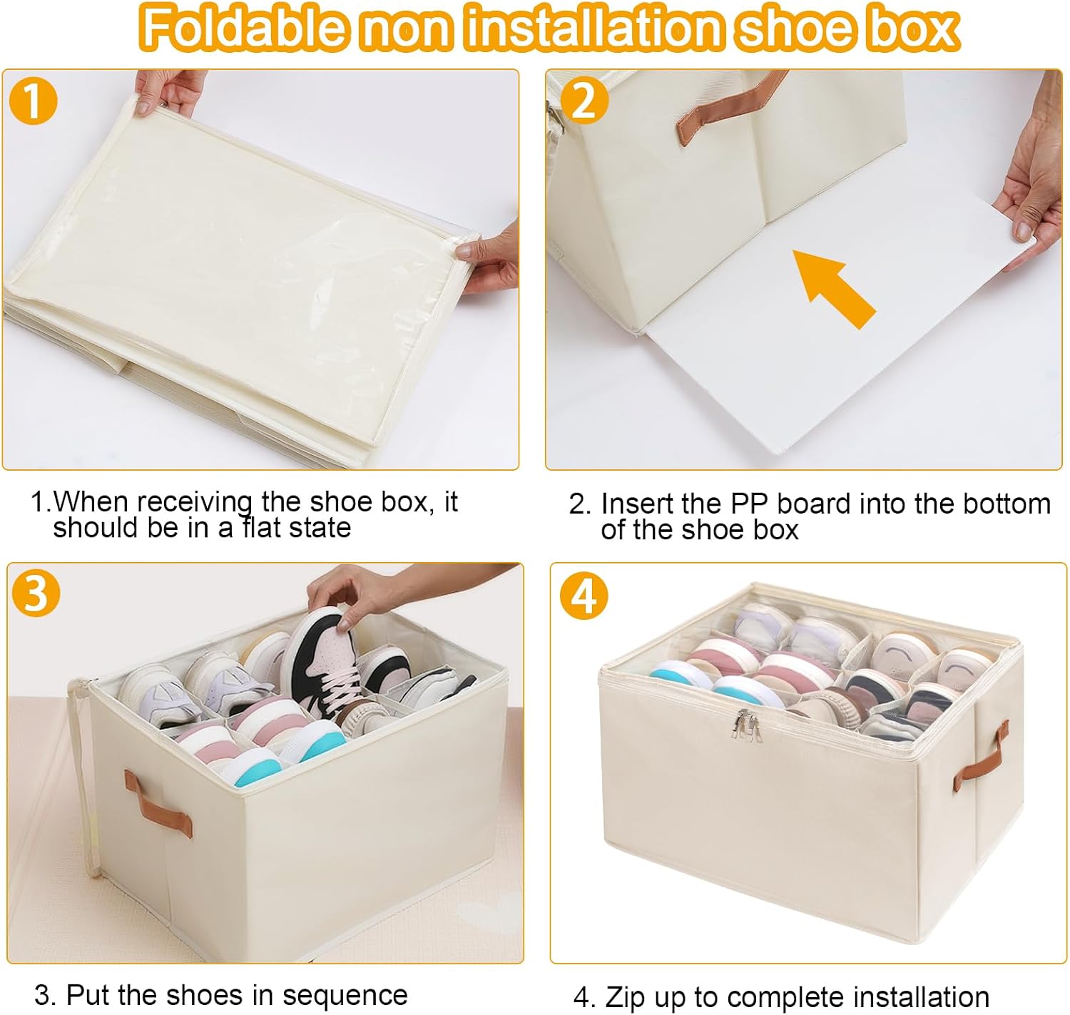 Shoe Organizer for Closet 2 PCS Foldable Shoe Storage Organizer with Clear Cover, Fits up to12 pairs Shoes Organizer Box Bin With Bottom Support (Beige)