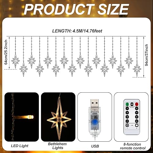 Miniatura 2 de VIHOSE Guirnalda de luces de cortina de estrellas de Navidad, 138 LED, 16 luces Polaris para ventana, enchufables con 8 modos de luces colgantes