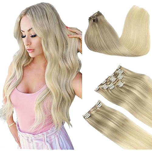 Clip in Hair Extensions Real Human Hair, Balayage Ash Blonde to Golden Blonde and Platinum Blonde 150g 9pcs 14 Inch, DOORES Human Hair Extensions Remy Clip in Hair Extensions Natural Hair Extensions