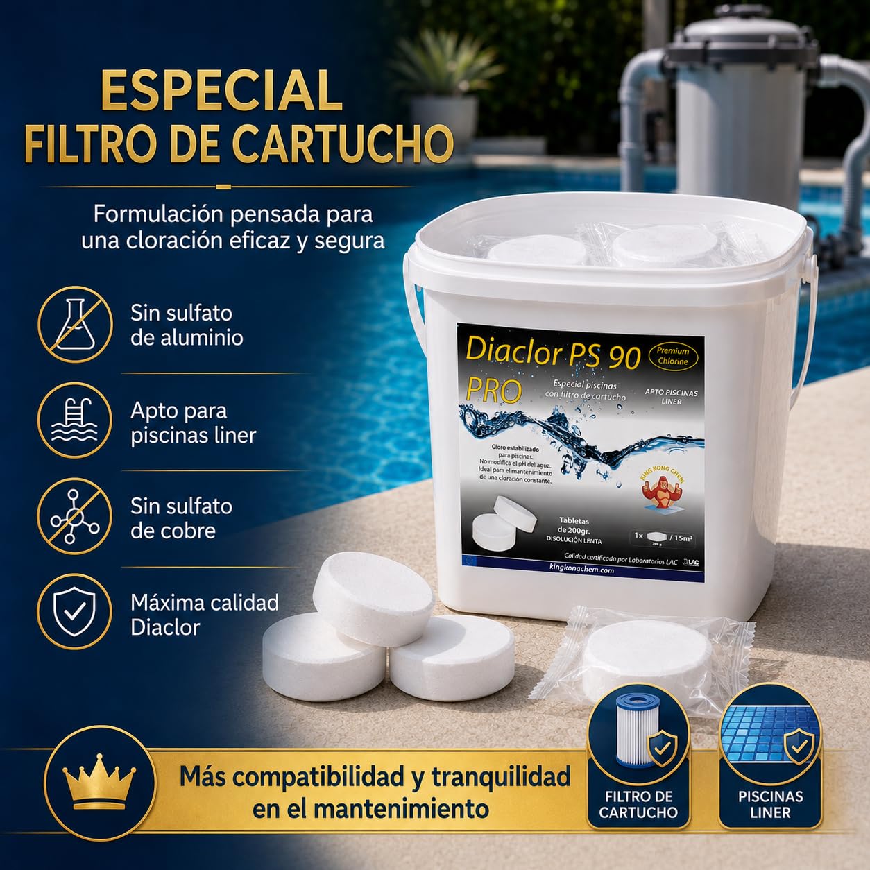 Pastillas de tricloro Puro para Piscinas de Liner/Poliester - DIACLOR PS 90 Pro 5 KG - Envasado Individual - 25 Pastillas Grandes de Cloro Lento (200 gr- 7,5 cm Diámetro)