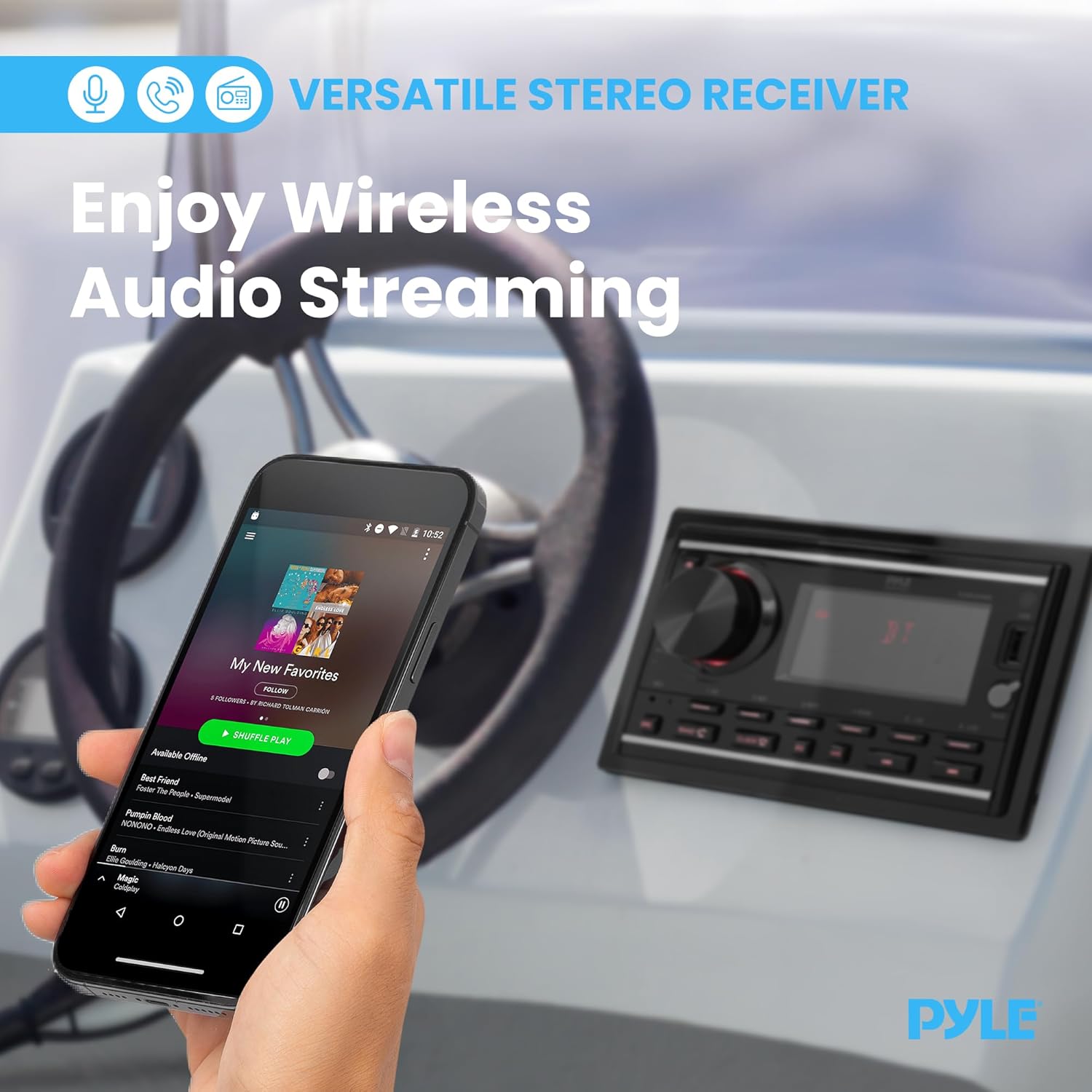 Pyle Boat Bluetooth Marine Stereo Receiver - Marine Head Unit Double DIN Stereo Receiver Power Amplifier & Speaker Kit - Hands-Free Calling, AM/FM/MP3/BT/USB/AUX - Remote, Speakers - Pyle PLMR2DNBK