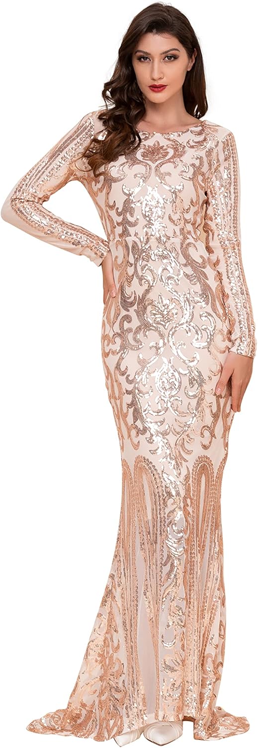 Women Evening Dress Sequin Long Sleeve Mermaid Crew Neck Cocktail Dress