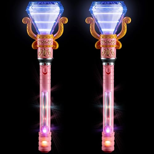 Miniatura 6 de Varita mágica giratoria para niños  Paquete de 2  135 pulgadas de luz de diamante princesa Varita de princesa con mango LED  Varitas de hadas rosa